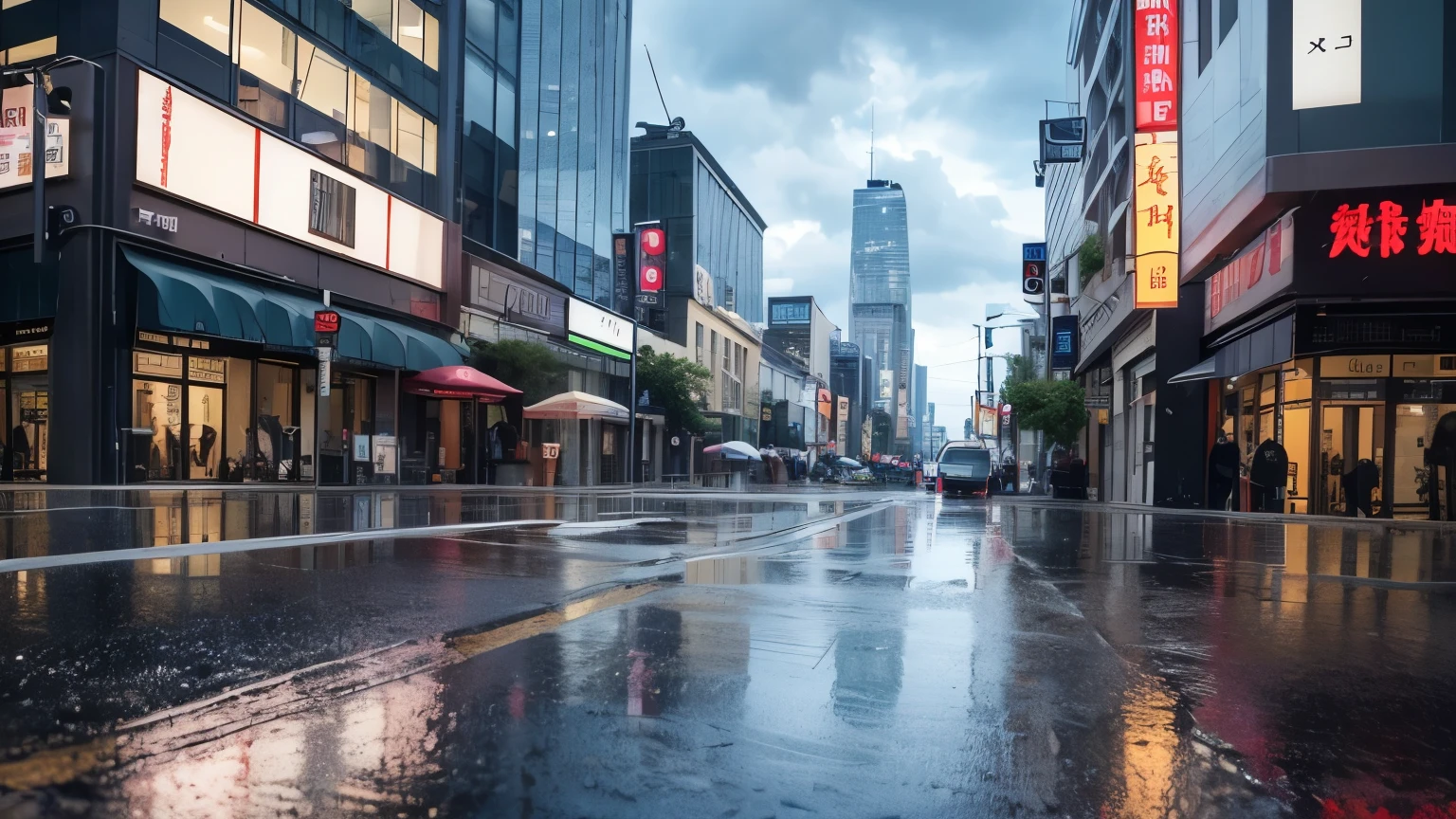 High-definition images、realistic pictures、detailed description、Low camera angle。Rainy office district、Rain clouds are spreading、bad weather。Umbrella owner々Status、sidewalk、Urban cityscape、landscape photography、snapshot style。