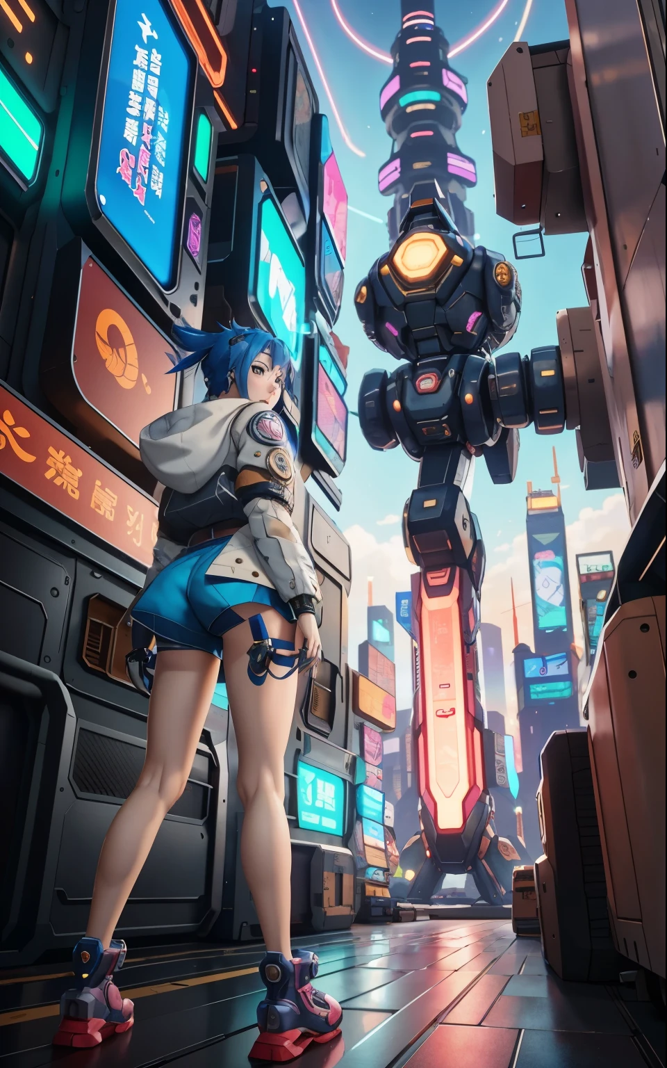 Anime girl in short shorts and jacket standing next to a giant robot, artwork in the style of Gweiz, cyberpunk anime girl mecha, trending on cgstation, Gweiz, Written by Russell Dongjun Lu, digital cyberpunk anime art, lost run 8k, Gweiz on artstation pixiv, Girl wearing mechanical cyber armor
