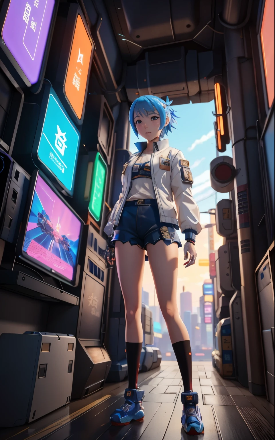 Anime girl in short shorts and jacket standing next to a giant robot, artwork in the style of Gweiz, cyberpunk anime girl mecha, trending on cgstation, Gweiz, Written by Russell Dongjun Lu, digital cyberpunk anime art, lost run 8k, Gweiz on artstation pixiv, Girl wearing mechanical cyber armor