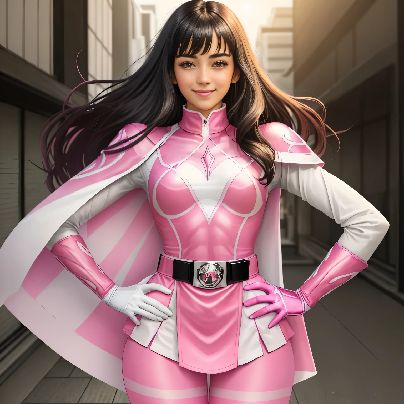 1 cute girl, (long dark hair with cute fringe),(PinkRanger), (solo) (tight magenta bodysuit), (mini skirt), pink leggings, white belt, white gloves with pink diamond design, (white boots with pink diamond design), (18yo), (small breasts), smiling at the viewer,( sunny tokyo background:1.2), vibrant colors