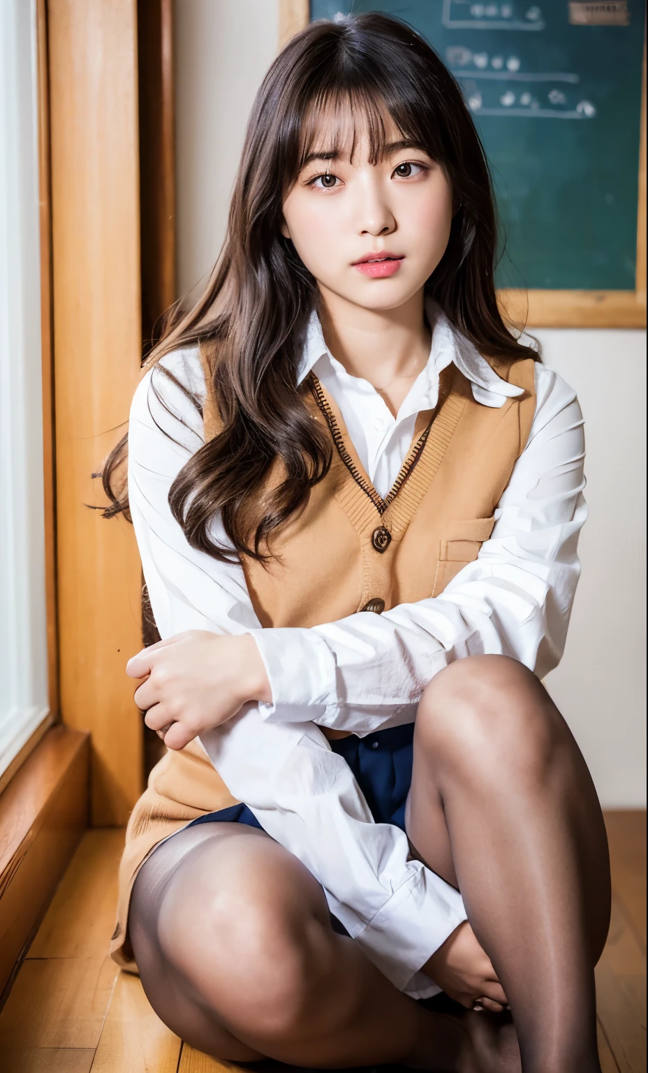 ulzzang-6500-v1.1、(Raw photo:1.2)、(photorealistic:1.4)、detailed beautiful girl、very detailedな目と顔、beautiful detailed eyes、foolish、信じられないほどfoolish、huge file size、Super detailed、High resolution、very detailed、highest quality、masterpiece、Chemomimi、((Japanese girls&#39; high school uniform))、An illustration、very detailed、CG、Unite、8k wallpaper、wonderful、fine details、​​masterpiece、highest quality、very detailedな CG 制服 8k wallpaper、light on face、cinematic lighting、1 girl、、((No panties))、((dynamic pose)))、(camel toe)、(half)、(pantyhose)、(sit with your knees bent))
