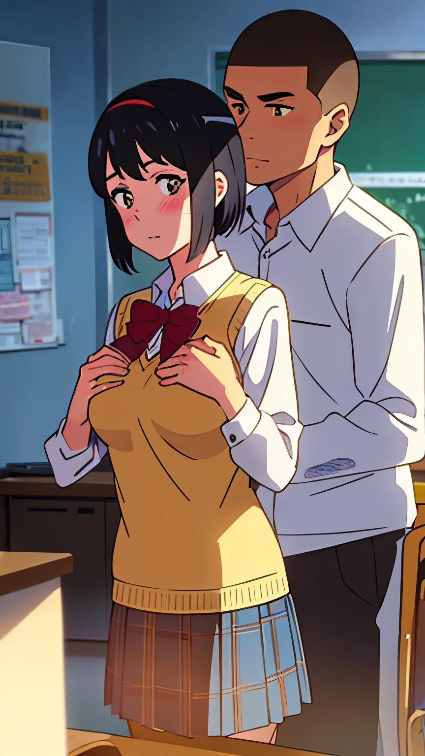 shinkai makoto, kimi no na wa.,1boy, buzzcut, muscular, brown eyes, school uniform, boy caressing girl's body, breast groping, breast grope, hold breast, 1girl, bangs, black hair, blush, brown eyes, shiny skin, red headband, red ribbon, red bow, White dress shirt, sweater vest, vest, yellow sweater vest, yellow vest, plaid skirt, looking at the viewer, short hair, cute, best quality, indoors, classroom,