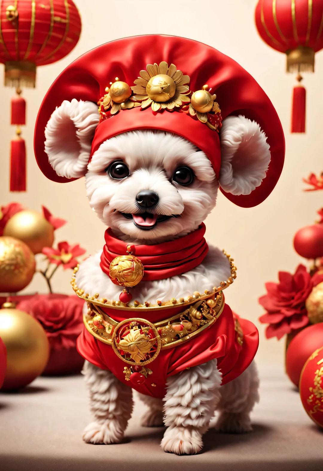 beautiful details,In ancient China, A super cute smiling poodle puppy,Wear a bright red wedding dress. Dog Bride is an avatar, Wearing a red scarf on the head,Wear gold jewelry on your head, pixelated style (Anthropomorphic standing pose), Charming big eyes, cute tail, Surrealism, super detailed, luxurious, elegant, Gorgeous, Unreal Engine, octane rendering, 8k, VRAYSurrealism,Chinese New Year elements,