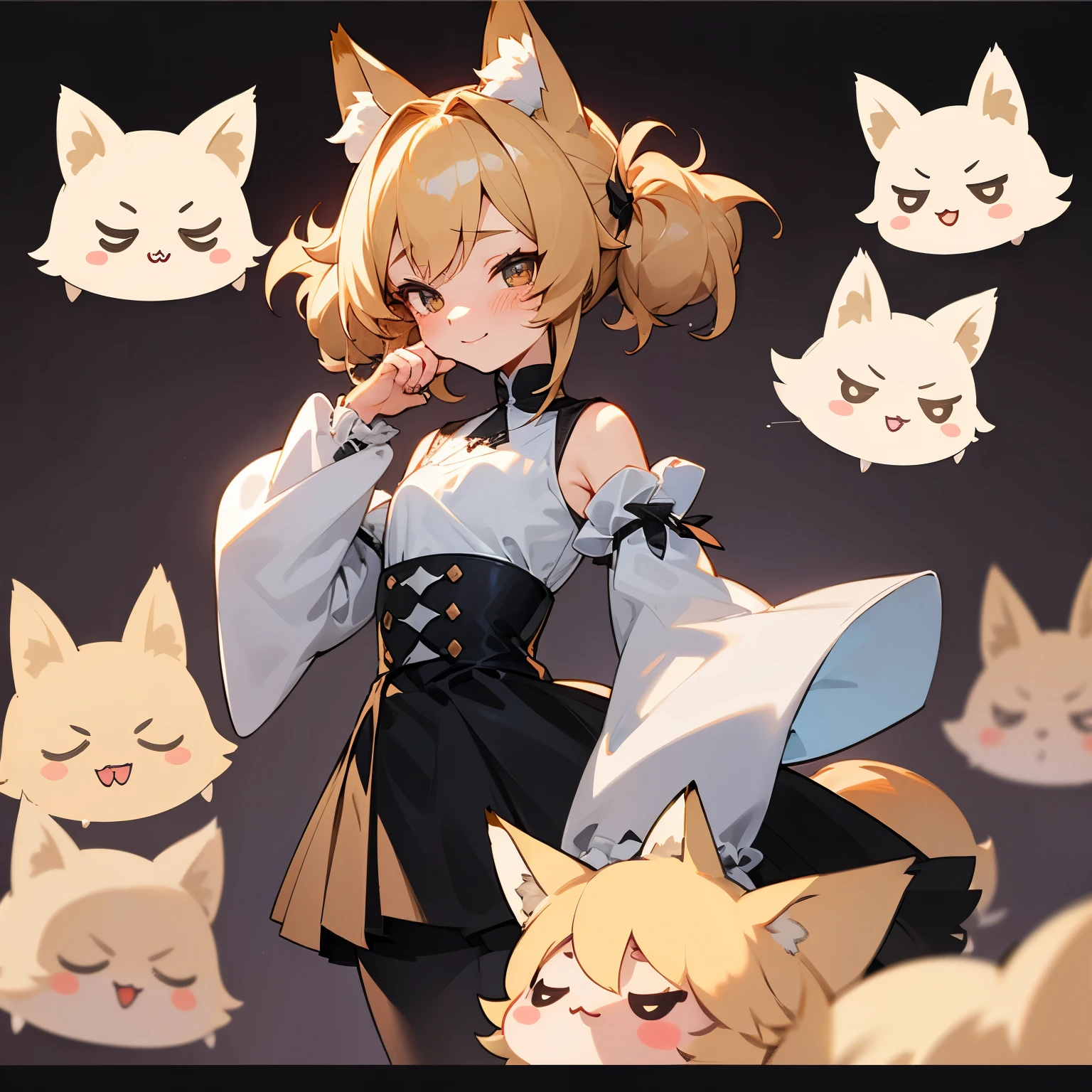 Female, adult, black skirt, blushing, black attire, small shirt, small sleeves, puffy sleeves, exposed shoulders, black leggings, short and fluffy hair, blonde hair, fox ears, fox tail, fluffy tail, only one tail, pigtail bangs, gentle smile, smaller waist, character design sheet, chibi characters in background