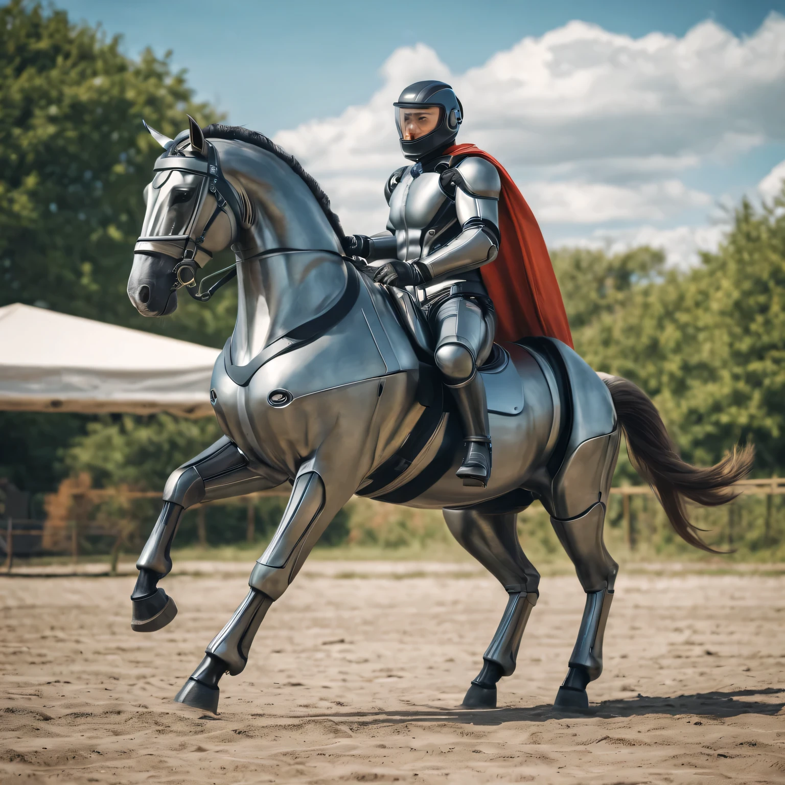 Realistic photo depicting a humanoid (anthropomorphic) Superhero horse in a high-tech suit, Move action, full pose, whole body, dieselpunk, high detail, many image details, 8K, hyperrealistic