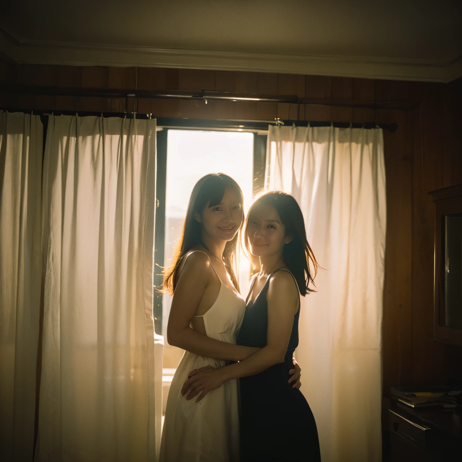 best quality,muste piece,Super high resolution,(reality:1.4),Original,cinematic lighting,
identical twin sisters,shy smile,backlighting,ocean,