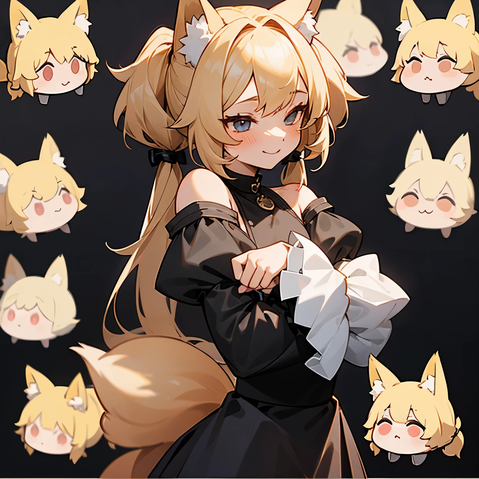 Female, adult, black skirt, blushing, black attire, small shirt, small sleeves, puffy sleeves, exposed shoulders, black leggings, short and fluffy hair, blonde hair, fox ears, fox tail, fluffy tail, only one tail, pigtail bangs, gentle smile, smaller waist, character design sheet, chibi characters in background, holding stuffed animal