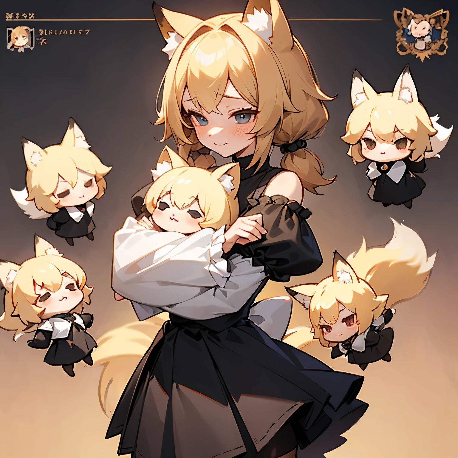 Female, adult, black skirt, blushing, black attire, small shirt, small sleeves, puffy sleeves, exposed shoulders, black leggings, short and fluffy hair, blonde hair, fox ears, fox tail, fluffy tail, only one tail, pigtail bangs, gentle smile, smaller waist, character design sheet, chibi characters in background, holding stuffed animal