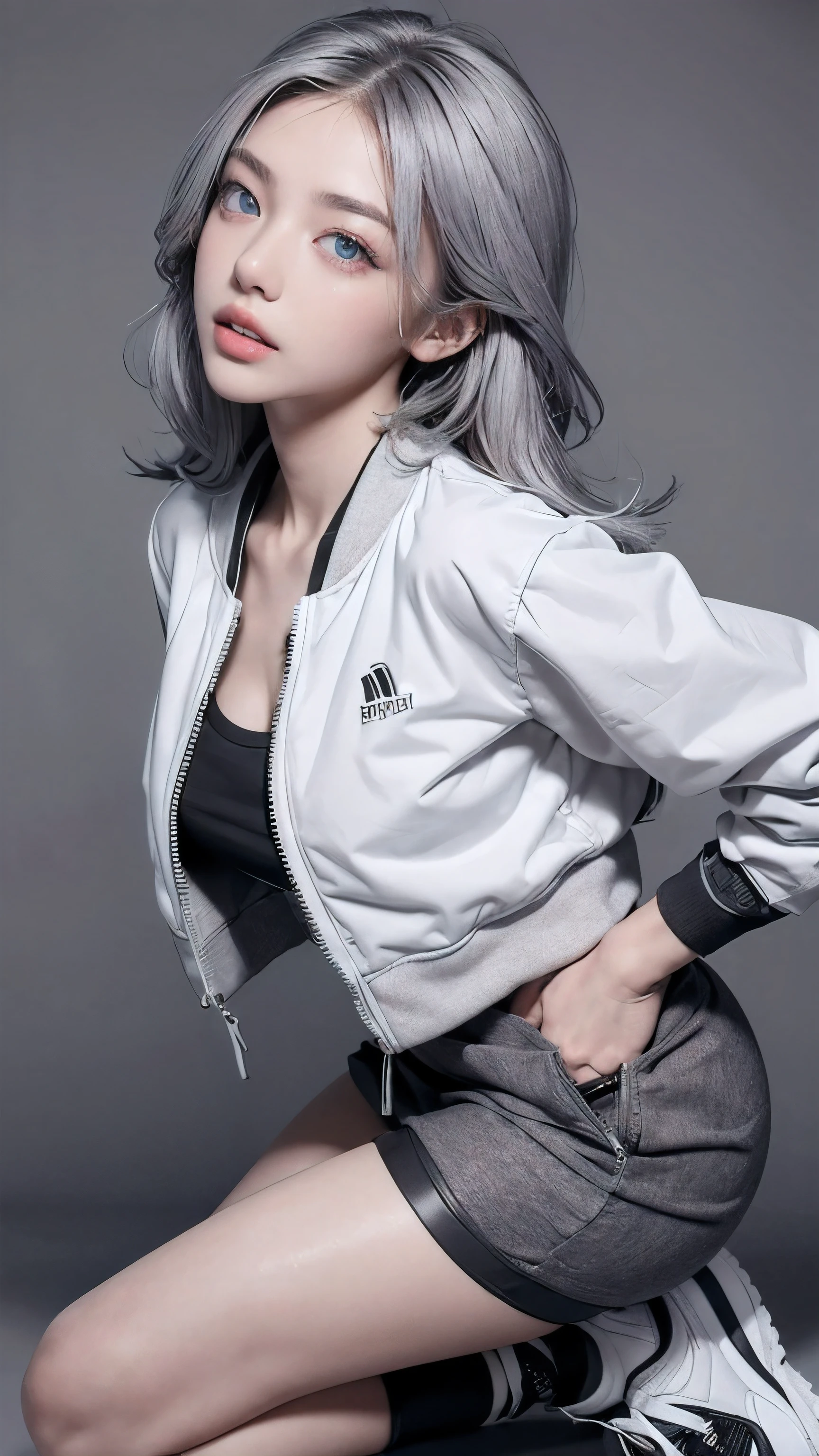 (anime:1.3), (all body shot, fashion portrait:1.6), ultra detailed, beautiful, masterpiece, best quality, _ BREAK (1girl:1.2), 22 years old, 160 cm, Japanese cute model, (Tightened all body, medium Breasts:1.4), small head, small face, diamond Face, small nose, Sharp Faceline, young hands and fingers, beautiful hands and fingers, five fingers, _ BREAK (Glossy Lips:1.3), (Light color lips, Half open mouth, beautiful Teeth:1.2), (dropy eyes, Double eyelid, light color eyes:1.4), _ BREAK (arranged hairstyle:1.3), (gray hair:1.3), _ BREAK (gray background:1.4), Fog, mist, _ BREAK (wide angle, all body shot:1.6), (standing:1.3), (cool beauty model posing:1.4), (from front white lightning),
BREAK (ultra Soft fabric sporty and Cyber theme:1.6), (black and white theme:1.4), (training wear, Stacked up:1.3),(ultra Soft fabric oversize Bomber jacket:1.3), (Thick hi Collar:1.4), (Wide, short, baggy:1.4), (1/4 short Length:1.4), (Wide hem:1.4), (Close the zipper:1.35), BREAK (ultra Soft fabric:1.3), (hi Waist maximum skirt:1.5), (maximum Length skirt:1.5), (perfect and Detailed all body wear:1.2), (Cyber hi cut technical Sneaker:1.5),