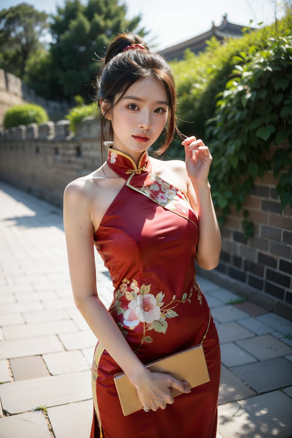 ((best quality)), ((Masterpiece)), (details), Perfect face, soft smile, Chinese woman Wearing a red Chinese style costume, Chinese art, standing in the middle of the Great Wall of China. The area was decorated with very beautiful lanterns, beautiful in shape, tall and elegant., best quality Masterpiece,Extremely natural light, Shiny skin,Fine skin