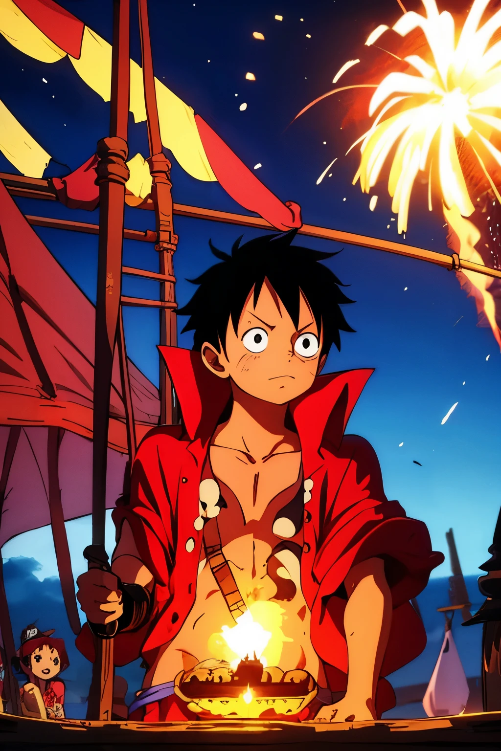 Luffy  and friends on the pirate ship,see fireworks,Reunion Dinner