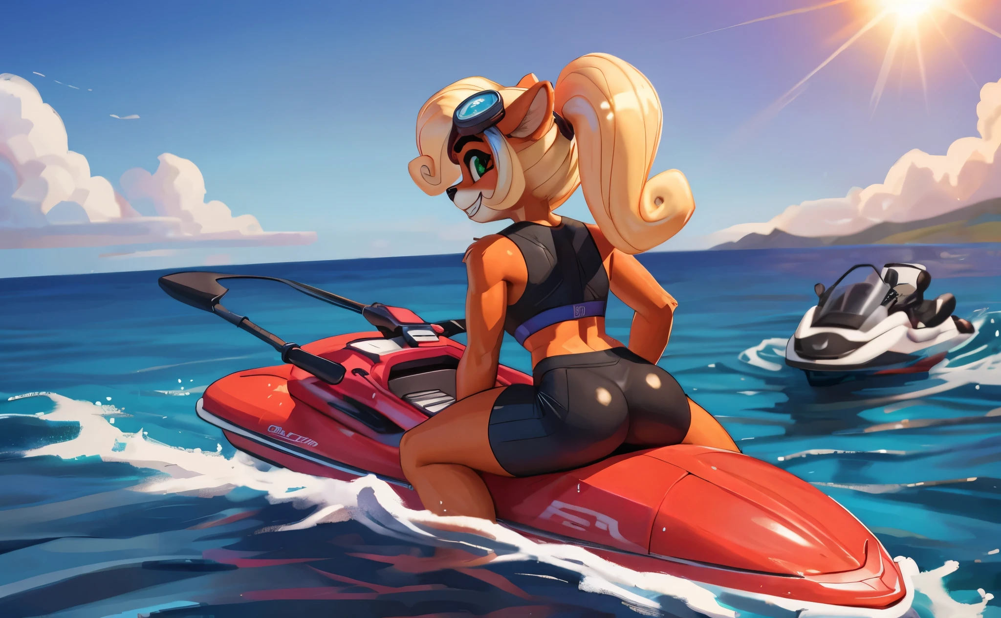 [Coco bandicoot], [Uploaded to e621.net; (Pixelsketcher), (wamudraws)}, ((masterpiece)), ((HD)), ((solo portrait)), ((waist-up)), ((back view)), ((furry; anthro)), ((detailed fur)), ((detailed shading)), ((beautiful render art)), ((feet visible)), ((intricate details)), ((cinematic)), {anthro; orange fur, (wet fur), black nose, (cute green eyes), (white highlights in eyes), (short eyelashes), (wet blonde hair), curly ponytail, (curvy hips), (beautiful legs), (cute grin), (excited expression)}, {(black sports bra pink lines), (short black spandex shorts pink lines), (diving goggles on head)}, {(riding on watercraft), (riding jetski), (dynamic pose), (looking back at viewer)}, [background; (beautiful ocean), (clouds in sky), (blue sky), (sun rays), (ambient lighting)]