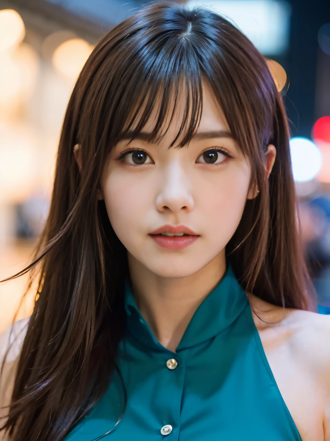 (best quality, 8ก, Masterpiece: 1.3), clear focus: 1.2, beauty: 1.4, Abs: 1.1, brown hair, Aqua Dress: 1.4, Outdoor activities at night: 1.1, city road, good face and eyes, Double eyelids. Add realistic lighting, Pay attention to the proportional adjustment..