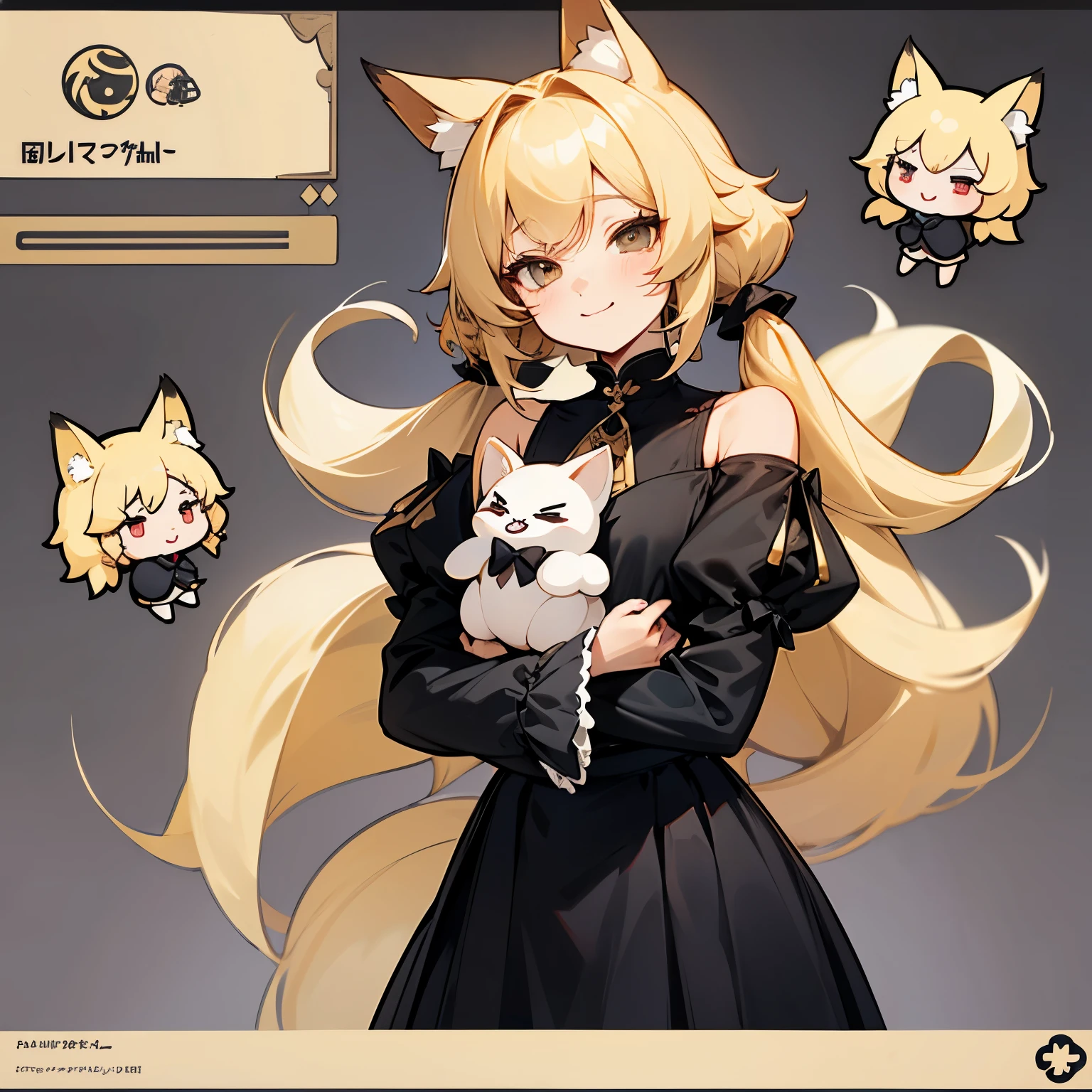 Female, adult, black skirt, black attire, small shirt, small sleeves, puffy sleeves, exposed shoulders, black leggings, short and fluffy hair, blonde hair, fox ears, fox tail, fluffy tail, only one tail, pigtail bangs, gentle smile, smaller waist, character design sheet, chibi characters in background, holding stuffed animal