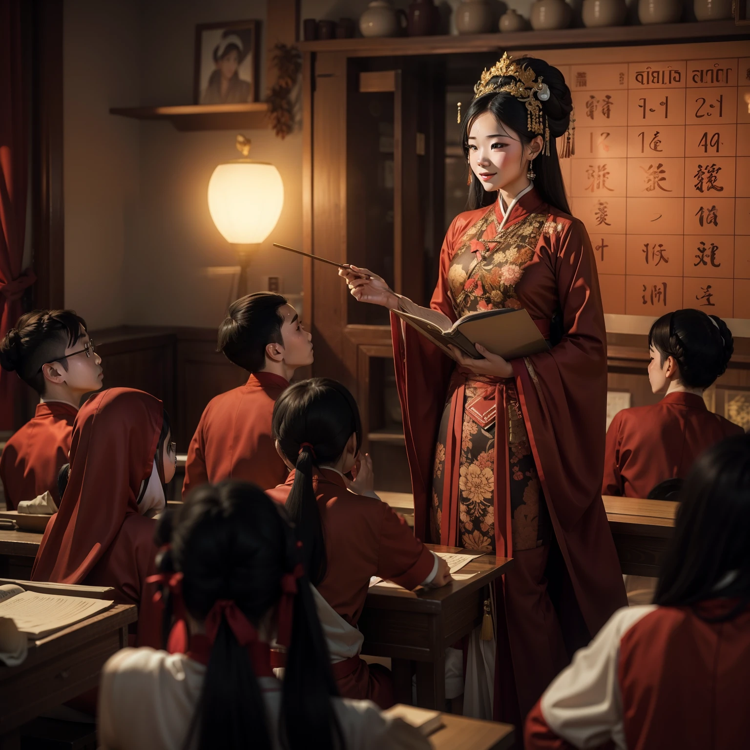 A young boy with，Children Thai school uniform, teachers Hanfu costume ，Teacher's Day，Holiday poster，cheerfulness，ssmile，Chinese New Year