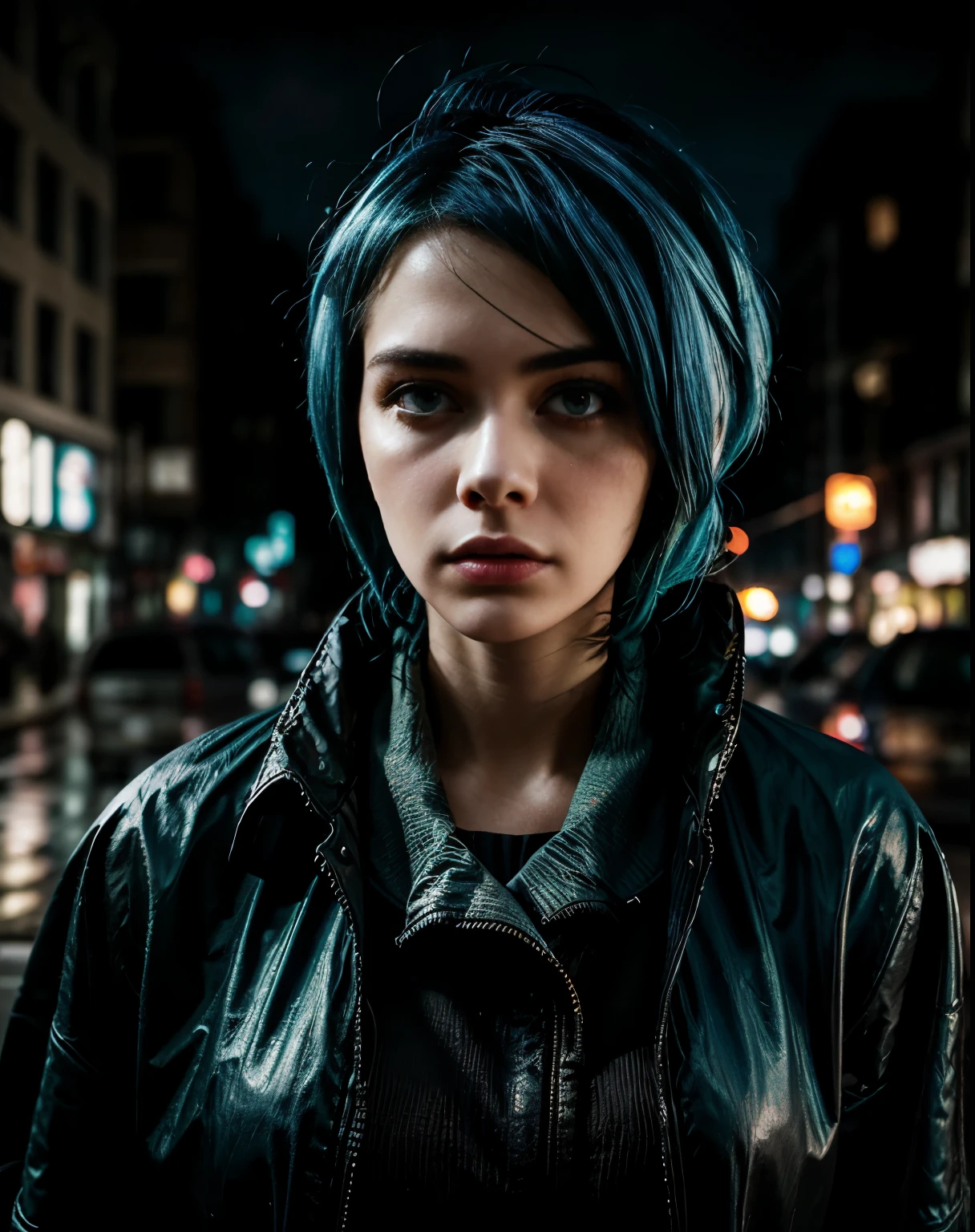 Captivating full-body photo of a cyberpunk detective with (((short blue hair))), her piercing brown eyes scanning the rain-soaked streets of a gritty noir-inspired night cityscape. Dressed in a black trench coat with cybernetic enhancements concealed beneath, every detail of her world-weary expression and shadowy surroundings rendered with cinematic flair, evoking a sense of mystery and intrigue as she unravels the secrets of a high-tech conspiracy.