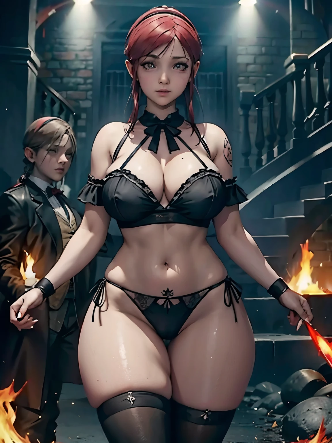 melhor qualidade,resolução ultra alta,características faciais detalhadas, ass, big breasts, breasts, female, female only, glowing eyes, goth, goth girl, goth slut, lingerie, red hair, tattoo, tattoo on face, thick thighs, vampire, wide hips, yellow eyes