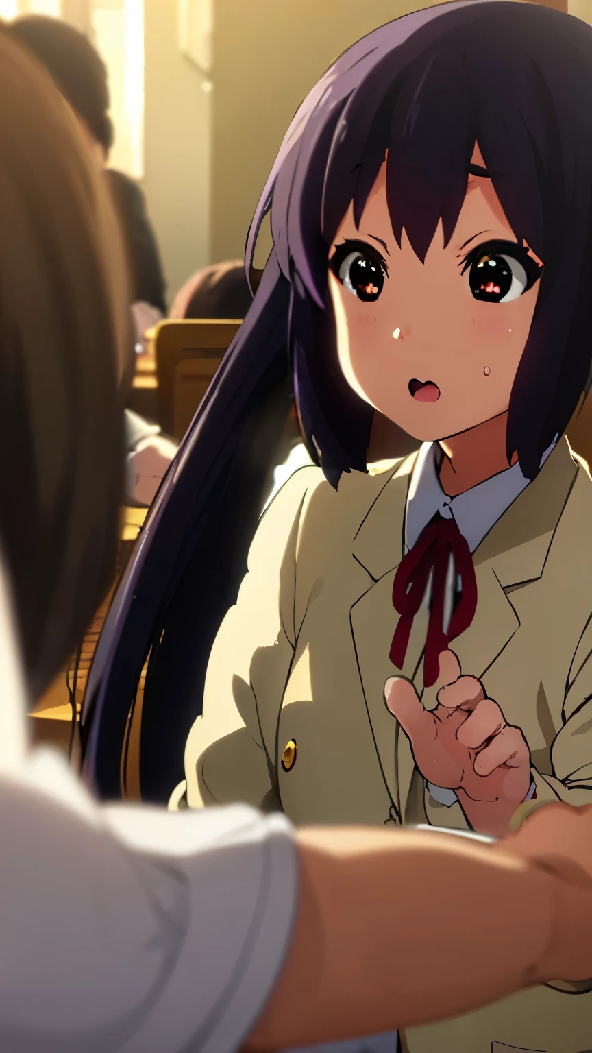 1girl, (((​masterpiece))), top-quality, top-quality, High Details, nakano azusa, 1girl, Sakuragaoka High School Uniform, student clothes, Twin-tailed, cat ear, length hair, A dark-haired, brown-eyed, 独奏, reddish, Dark blue blazer with thin red ribbon, Solid white buttoned shirt under blazer, illustratio, comic strip, soothing tones, Subdued Color, Soft cinematic light, adobe lightroom, photolab, HDR, intricately and hyper-detailed、(((depth of fields))))。(((​masterpiece)))。(((top-quality))).)((ultra-detailliert)))。(((illustratio)))。(((takeout))).dynamic focus.big breasts.(((Skyscrapers))).(((A city scape))).(((Face of sadness))). open mouth.(((fighting stance))).(((up chest))).((evening glow)).((the setting sun)).