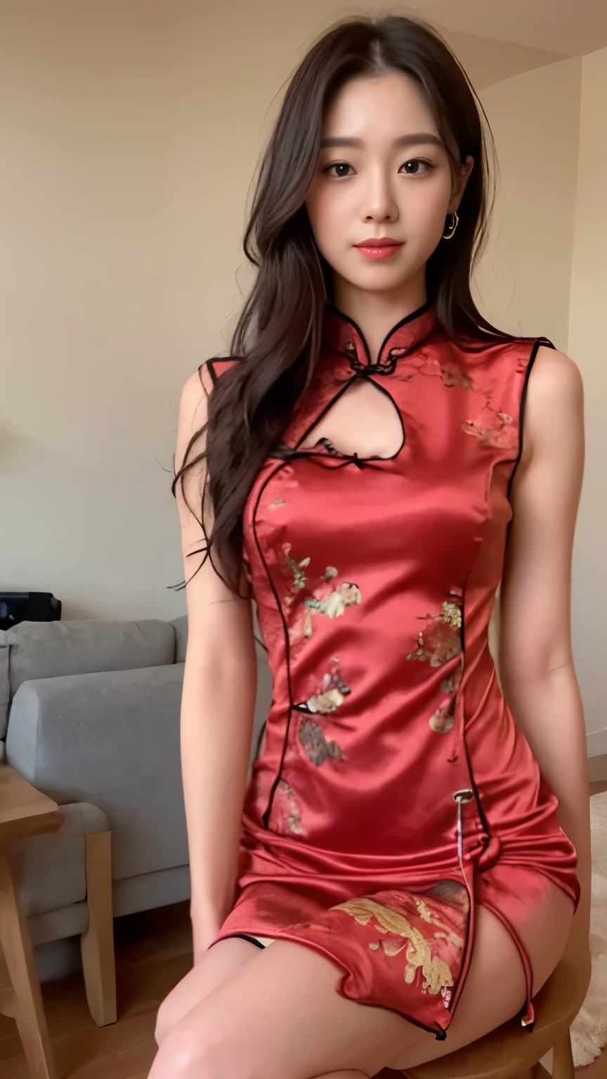 ((top-quality、8k、​masterpiece:1.3))、Beautiful woman with perfect body:1.4、slim abdomen:1.2、Longhair, normal breast, Highly detailed facial and skin texture, A detailed eye, delicate eyes, double eyelid, (smile), (full body shot), ((living room)), (sitting on chair), (((wearing red cheongsam))), looking in front, (plain grey background)