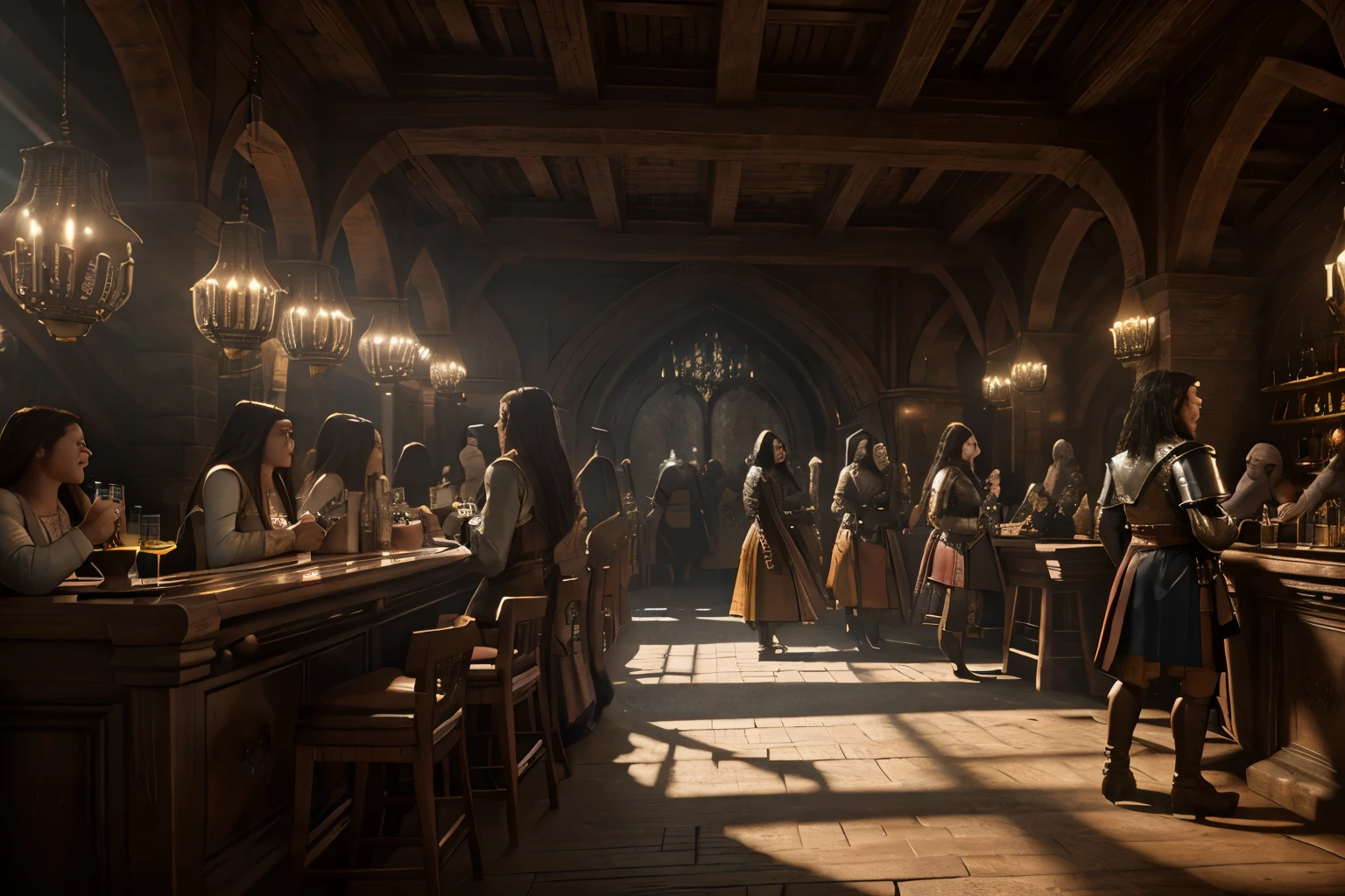 renaissance style, UHD, perfect composition, ((Extremely realistic)) ((Extremely detailed)) ((anatomically correct)) setting shot of a populated tavern full of people, greg rutkowski, Robert Oxley, concept art, vfx, intricate, high detail, 8k resolution, hyperrealistic, chiaroscuro, full body shot, complex, textured, trending on /r/art, anatomically correct, octane render, fantasy, medieval, very beautiful, atmospheric perspective, hard lighting, epic, powerful, rule of thirds, -ar 16:9, -stylize 60000, -quality 5