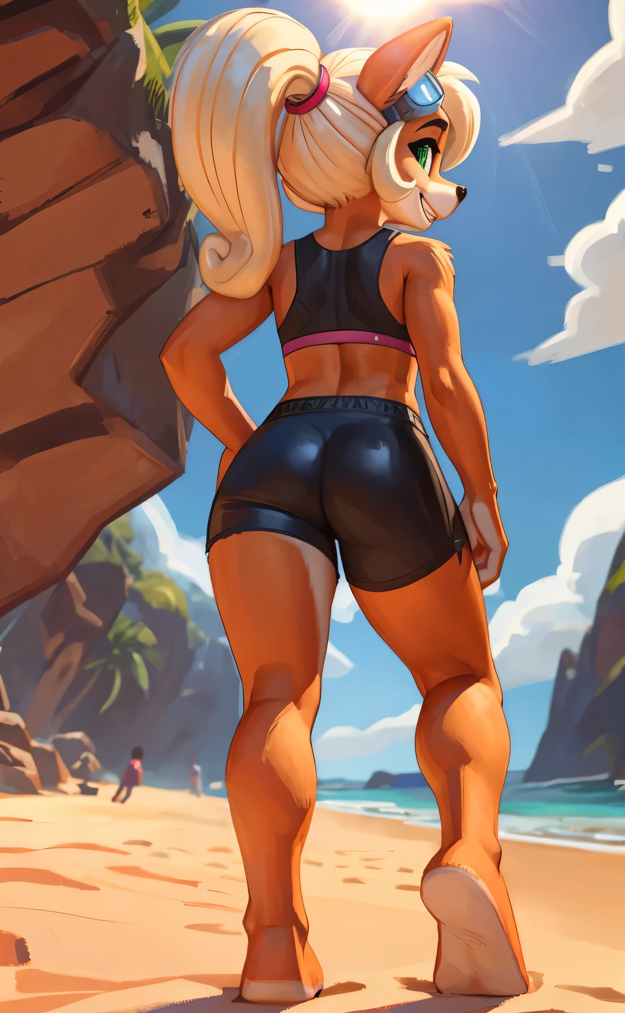[Coco bandicoot], [Uploaded to e621.net; (Pixelsketcher), (wamudraws)}, ((masterpiece)), ((HD)), ((solo portrait)), ((full body)), ((back view)), ((feet visible)), ((furry; anthro)), ((detailed fur)), ((detailed shading)), ((beautiful render art)), ((feet visible)), ((intricate details)), ((cinematic)), {anthro; orange fur, (soaked fur), black nose, (cute green eyes), (white highlights in eyes), (short eyelashes), (wet blonde hair), curly ponytail, (curvy hips), (beautiful legs), (beautiful feet), (cute grin), (excited expression)}, {(pink sports bra black lines), (short black spandex shorts pink lines), (pink lines on shorts), (goggles on head)}, {(walking), (looking back at viewer)}, [background; (beach), (beautiful ocean), (clouds in sky), (blue sky), (sun rays), (ambient lighting)]