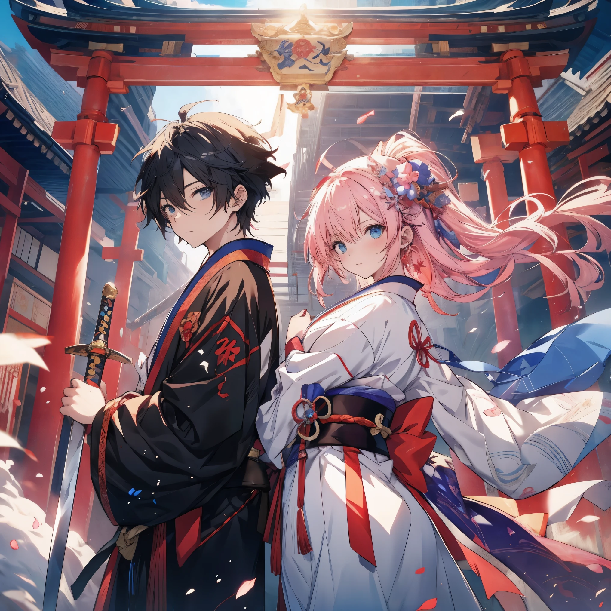 Cartoon couple with sword and clothes in the wind, sick, Near Jinben Village, sick. high tail, Gapmoe sick, Lingchang Art, New Art, Lingchang, High-quality fan work inspired by Okumura Masanobu, anime style, Japanese anime style, they are brothers and sisters, anime styles such as Fate/overnight with, Shota, exist