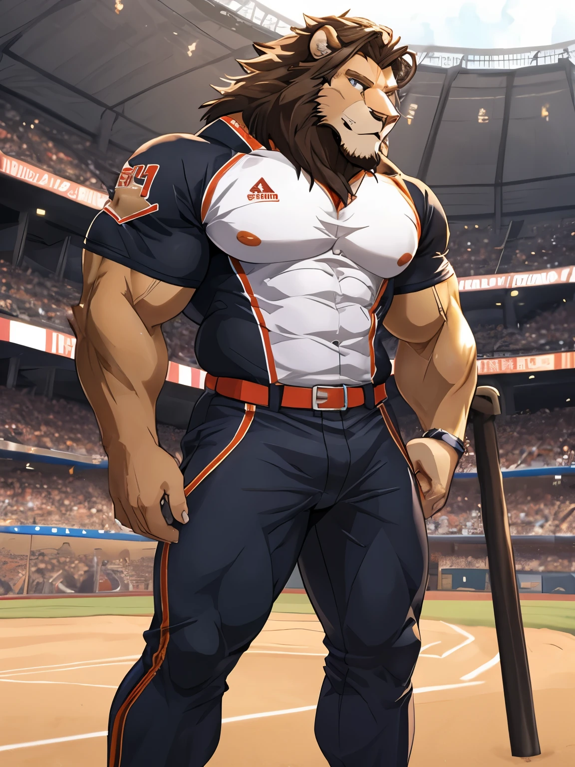 hairy,alone,Black Haired Wolf,There are yellow stripes on the body,yellow eyes,(Realistic eye details),Wear a baseball shirt,No pants,Stand on the baseball field,The penis hardens. realistic,big,night,backlight,stare at the viewer,Sexy Man ,strong legs, girdle, spread your legs,aircraft ,Show off your arm muscles.,top view,