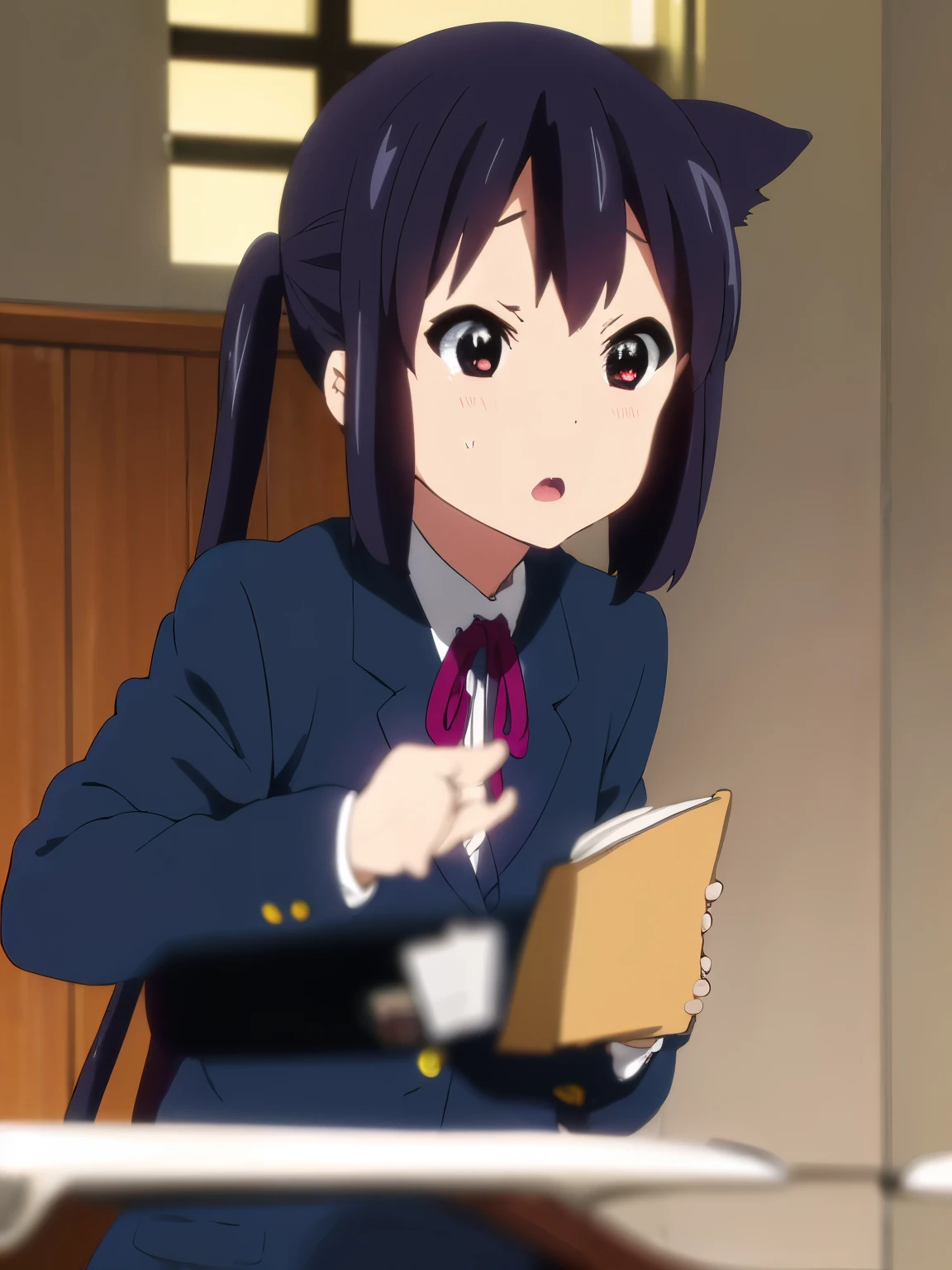 1girl, (((​masterpiece))), top-quality, top-quality, High Details, nakano azusa, 1girl, Sakuragaoka High School Uniform, student clothes, Twin-tailed, cat ear, length hair, A dark-haired, brown-eyed, 独奏, reddish, Dark blue blazer with thin red ribbon, Solid white buttoned shirt under blazer, illustratio, comic strip, soothing tones, Subdued Color, Soft cinematic light, adobe lightroom, photolab, HDR, intricately and hyper-detailed、(((depth of fields))))。(((​masterpiece)))。(((top-quality))).)((ultra-detailliert)))。(((illustratio)))。(((takeout))).dynamic focus.big breasts.(((Skyscrapers))).(((A city scape))).(((Face of sadness))). open mouth.(((fighting stance))).(((up chest))).((evening glow)).((the setting sun)).