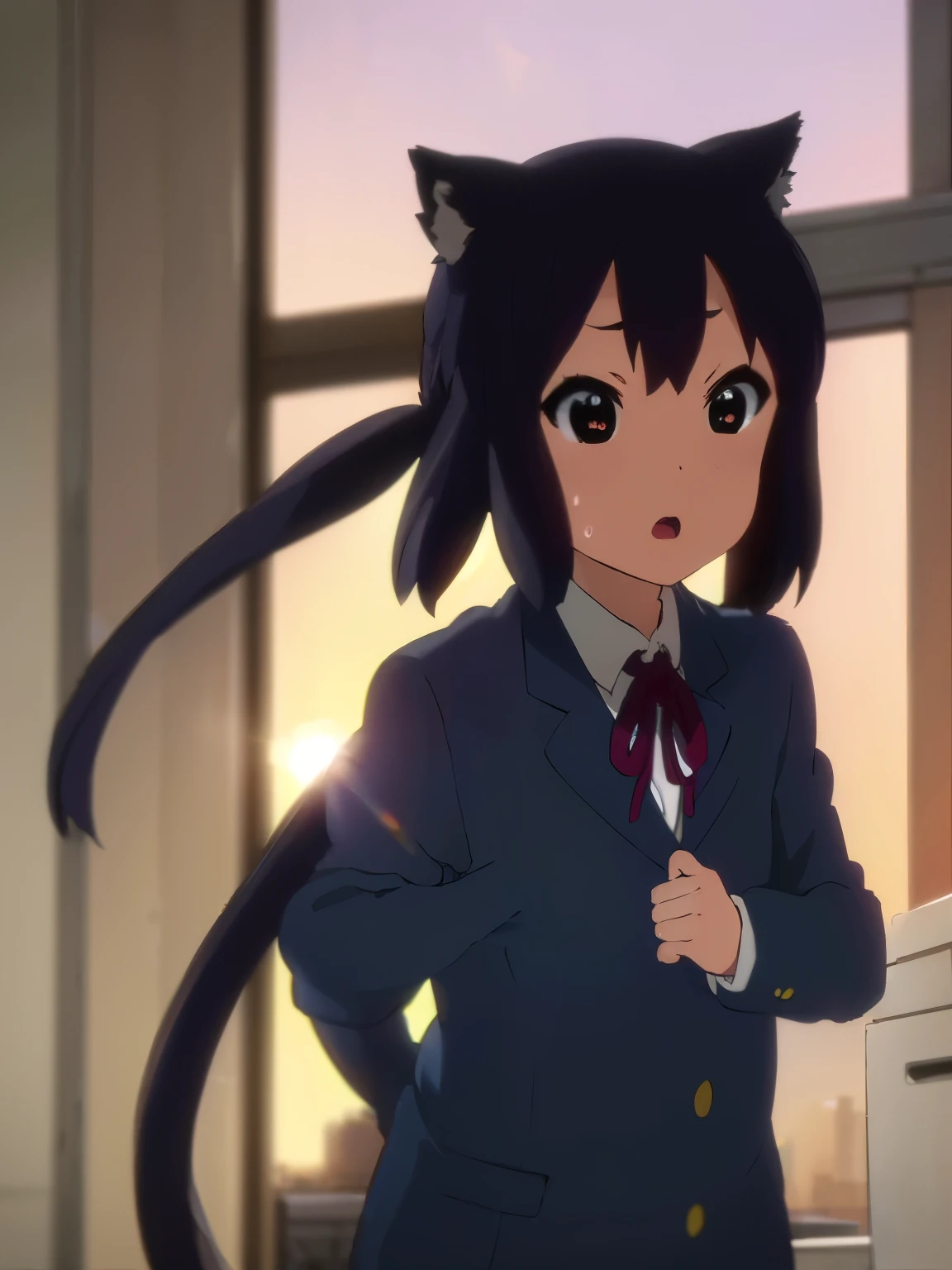 1girl, (((​masterpiece))), top-quality, top-quality, High Details, nakano azusa, 1girl, Sakuragaoka High School Uniform, student clothes, Twin-tailed, cat ear, length hair, A dark-haired, brown-eyed, 独奏, reddish, Dark blue blazer with thin red ribbon, Solid white buttoned shirt under blazer, illustratio, comic strip, soothing tones, Subdued Color, Soft cinematic light, adobe lightroom, photolab, HDR, intricately and hyper-detailed、(((depth of fields))))。(((​masterpiece)))。(((top-quality))).)((ultra-detailliert)))。(((illustratio)))。(((takeout))).dynamic focus.big breasts.(((Skyscrapers))).(((A city scape))).(((Face of sadness))). open mouth.(((fighting stance))).(((up chest))).((evening glow)).((the setting sun)).