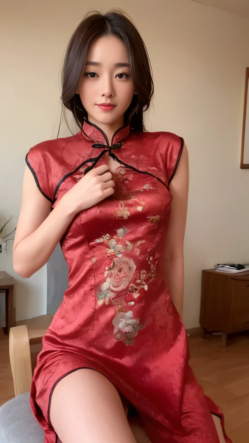 ((top-quality、8k、masterpiece:1.3))、Beautiful woman with perfect body:1.4、slim abdomen:1.2、Longhair, normal breast, Highly detailed facial and skin texture, A detailed eye, delicate eyes, double eyelid, (smile), (full body shot), ((living room)), (sitting on chair), (((wearing red cheongsam))), looking in front, (plain grey background)