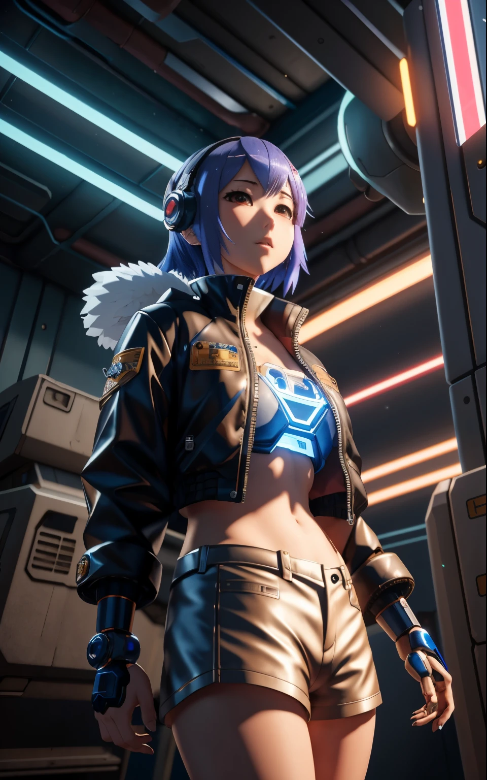 Anime girl in short shorts and jacket standing next to a giant robot, artwork in the style of Gweiz, cyberpunk anime girl mecha, trending on cgstation, Gweiz, Written by Russell Dongjun Lu, digital cyberpunk anime art, lost run 8k, Gweiz on artstation pixiv, Girl wearing mechanical cyber armor