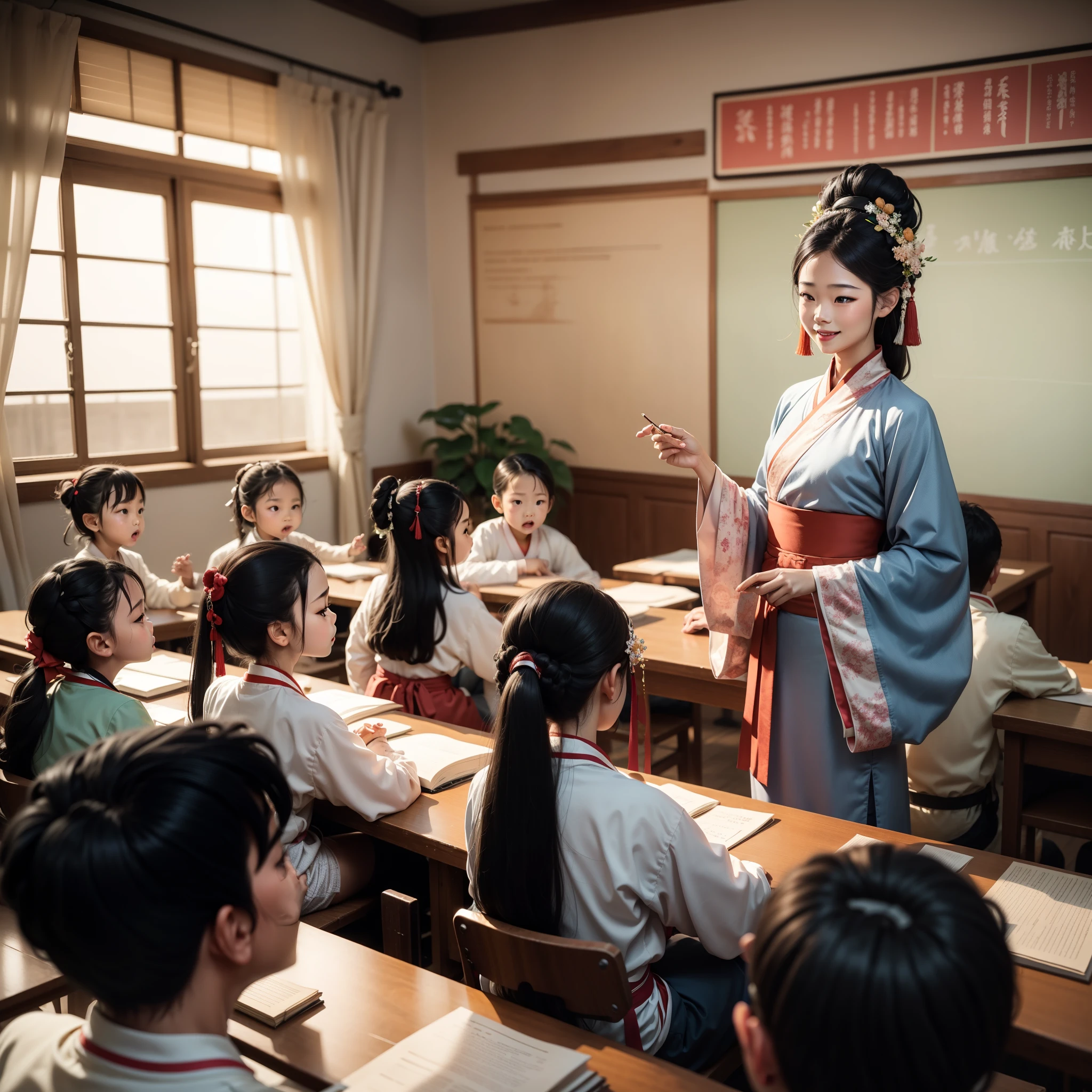 A young boy with，Children Thai school uniform, teachers Hanfu costume ，Teacher's Day，Holiday poster，cheerfulness，ssmile，Chinese New Year