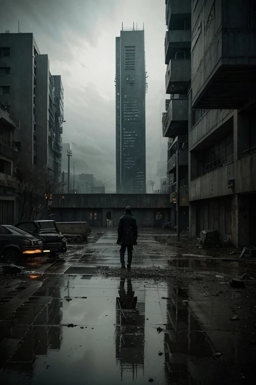 Create a dystopian masterpiece，Depicting a dark and deep natural landscape with a gritty game concept art style. There are pedestrians，Highlight the sense of dynamics。Realistic，Like stills from Korean suspense dramas。This scene can evoke a nihilistic sense of desolation and despair, Reflecting the barbaric brutalism and mysterious aesthetics of the postmodern apocalyptic world. Pay attention to intricate details, sharp focus, and highly detailed descriptions of the splendor of natural scenery..Focus on darkness and depth。Draw inspiration from the art styles of Wayne Barlow and Zdislav Beksiński. Deliver this image in impact view format, Show the bleak beauty of this decaying world。