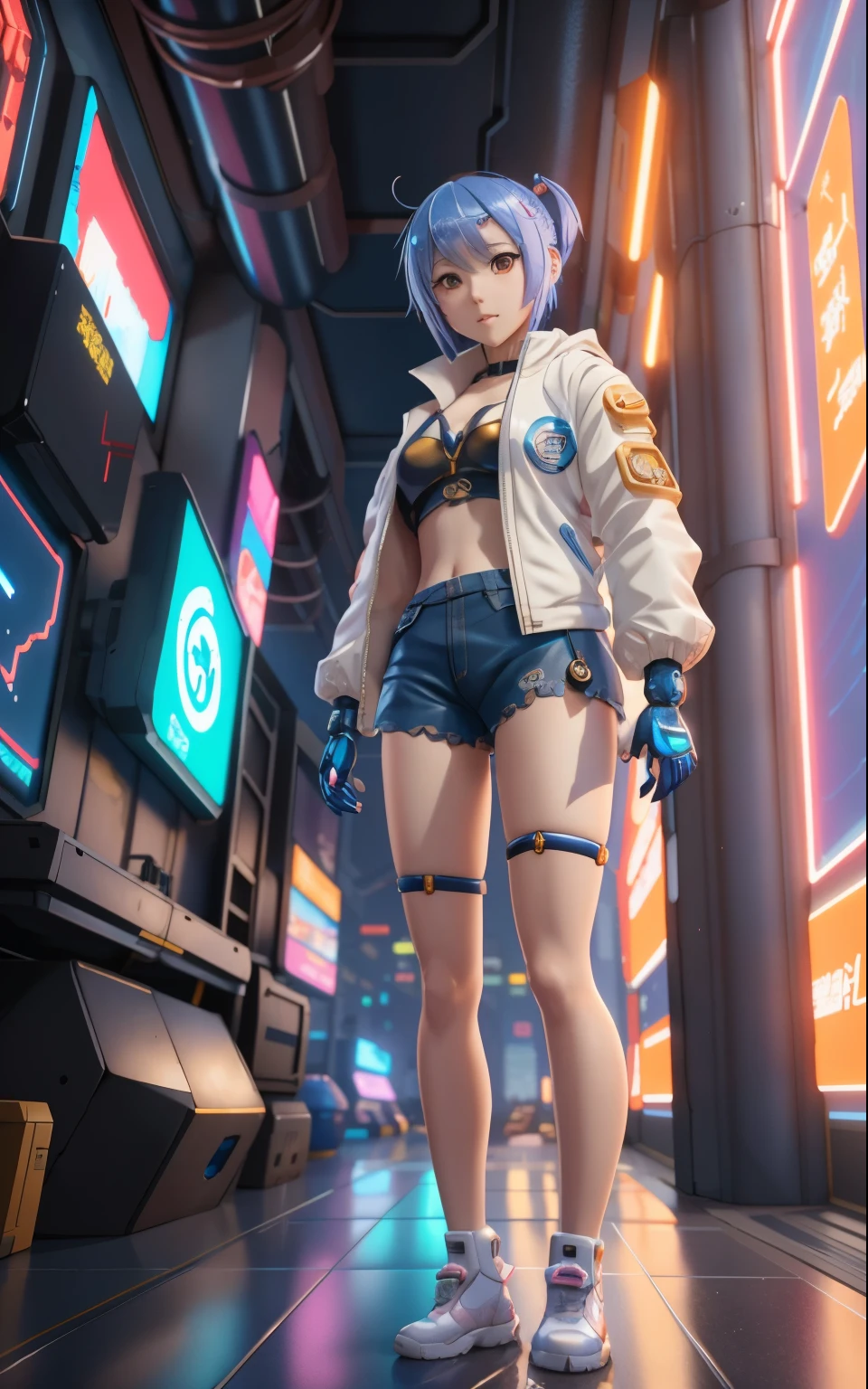 Anime girl in short shorts and jacket standing next to a giant robot, artwork in the style of Gweiz, cyberpunk anime girl mecha, trending on cgstation, Gweiz, Written by Russell Dongjun Lu, digital cyberpunk anime art, lost run 8k, Gweiz on artstation pixiv, Girl wearing mechanical cyber armor