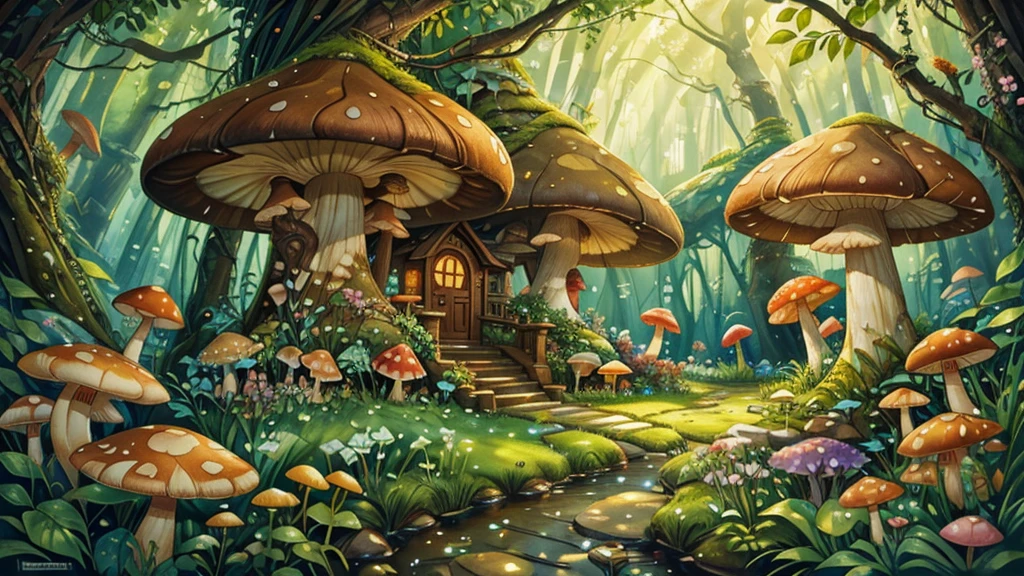 Forest of requests,house of many mushrooms,Luminous spores,flowers,plant, plant,watercolor (Moderate),landscape,,painting (Moderate),architecture,masterpiece,最high quality,high quality,plant, masterpiece,最high quality,high quality,