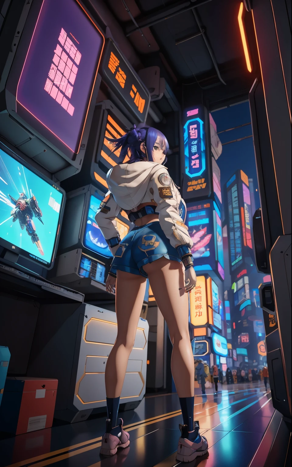 Anime girl in short shorts and jacket standing next to a giant robot, artwork in the style of Gweiz, cyberpunk anime girl mecha, trending on cgstation, Gweiz, Written by Russell Dongjun Lu, digital cyberpunk anime art, lost run 8k, Gweiz on artstation pixiv, Girl wearing mechanical cyber armor