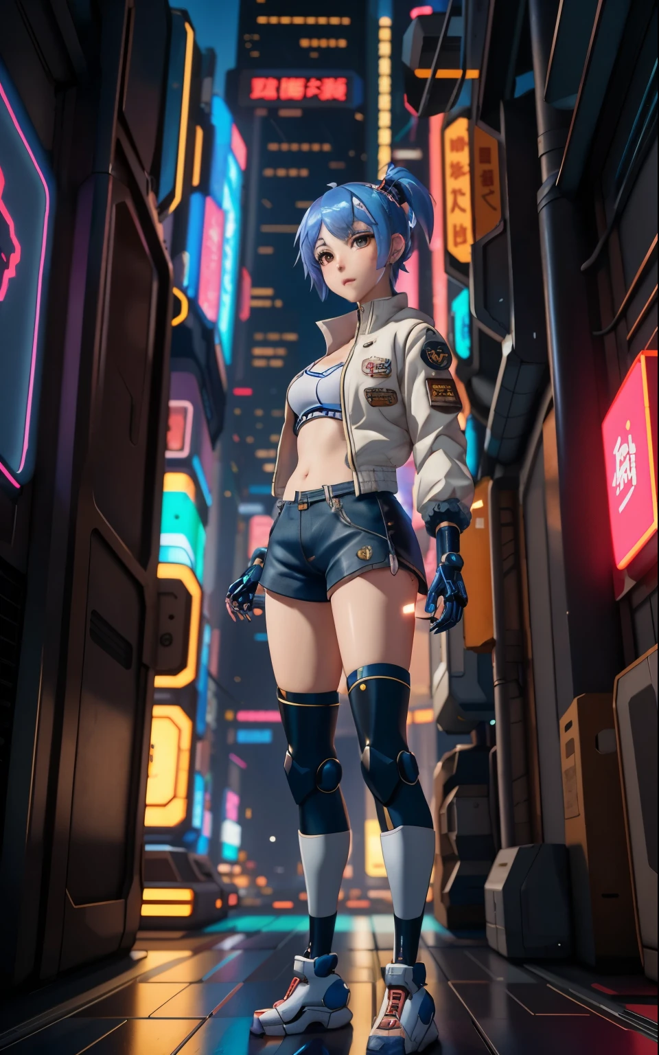 Anime girl in short shorts and jacket standing next to a giant robot, artwork in the style of Gweiz, cyberpunk anime girl mecha, trending on cgstation, Gweiz, Written by Russell Dongjun Lu, digital cyberpunk anime art, lost run 8k, Gweiz on artstation pixiv, Girl wearing mechanical cyber armor