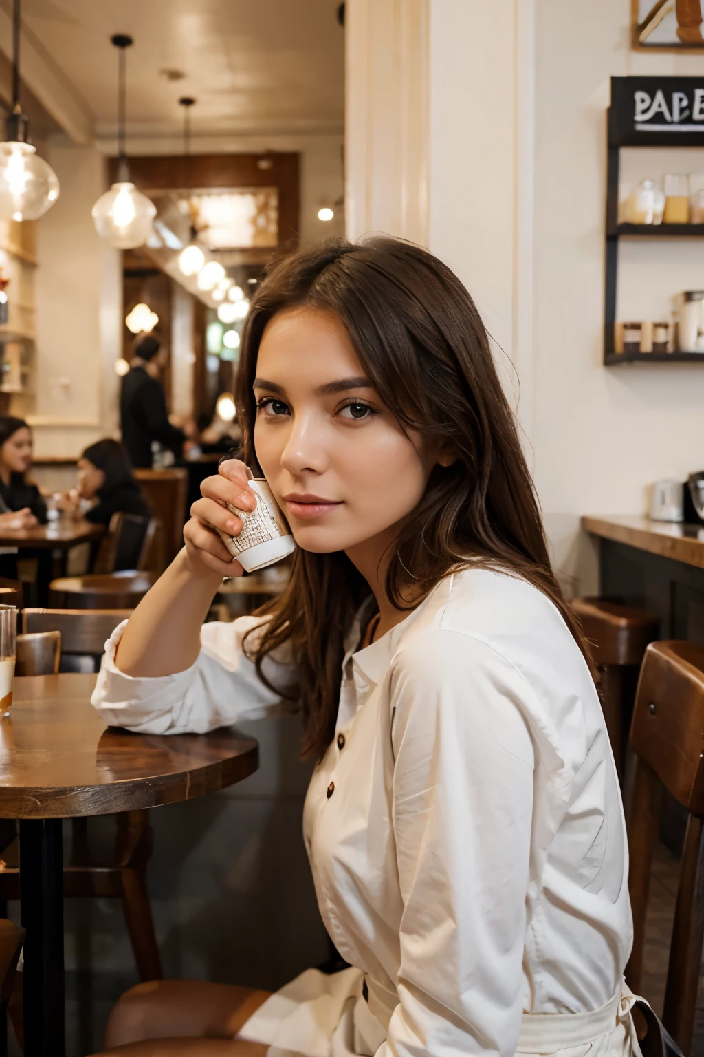 female model in a cafe drinking a cup of coffee