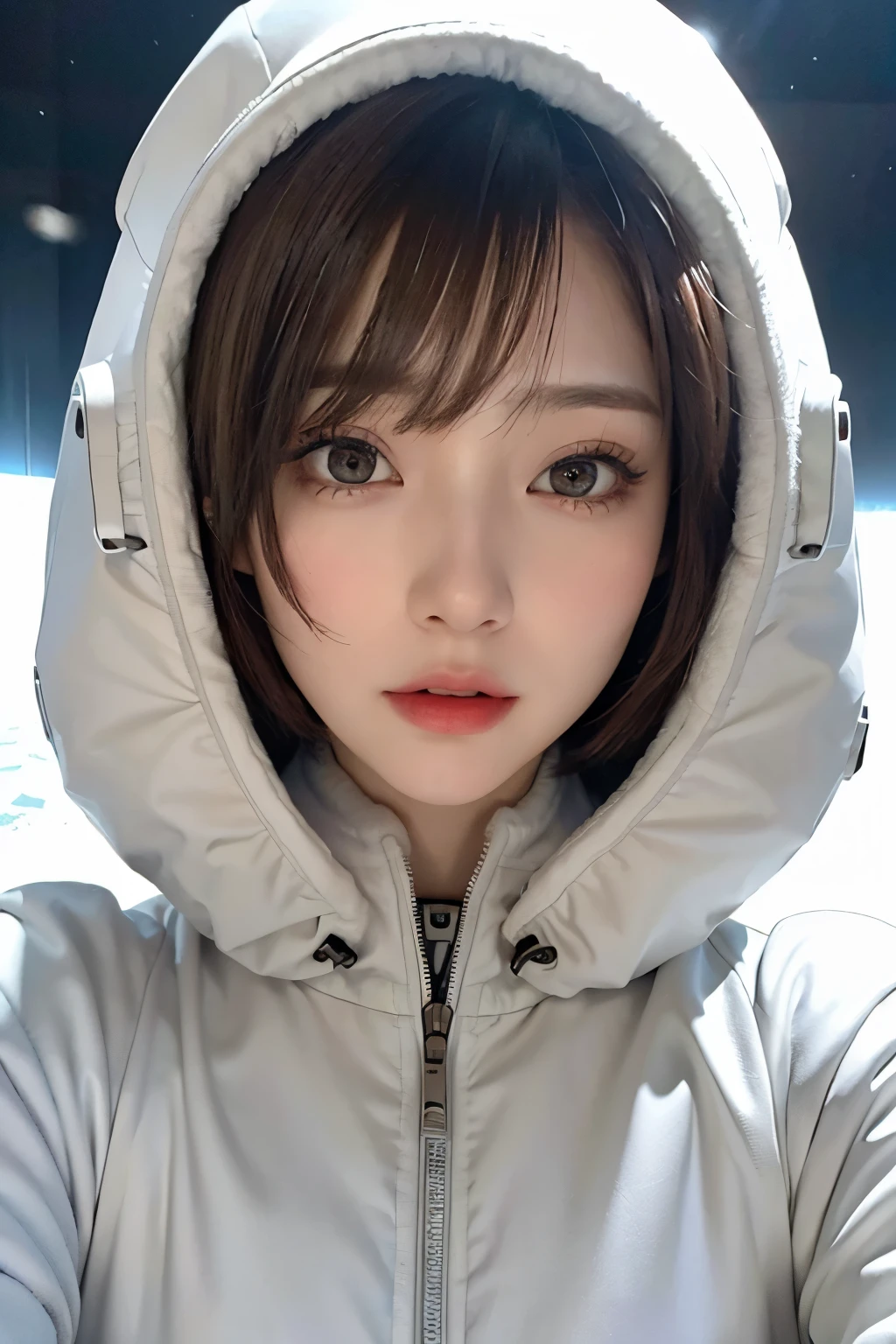 highest quality、masterpiece、ultra high resolution、(real:1.4)、Beautiful woman1、Beautiful details of eyes and skin、light brown short cut hair、The perfect spacesuit、spaceship、snow原、snow、