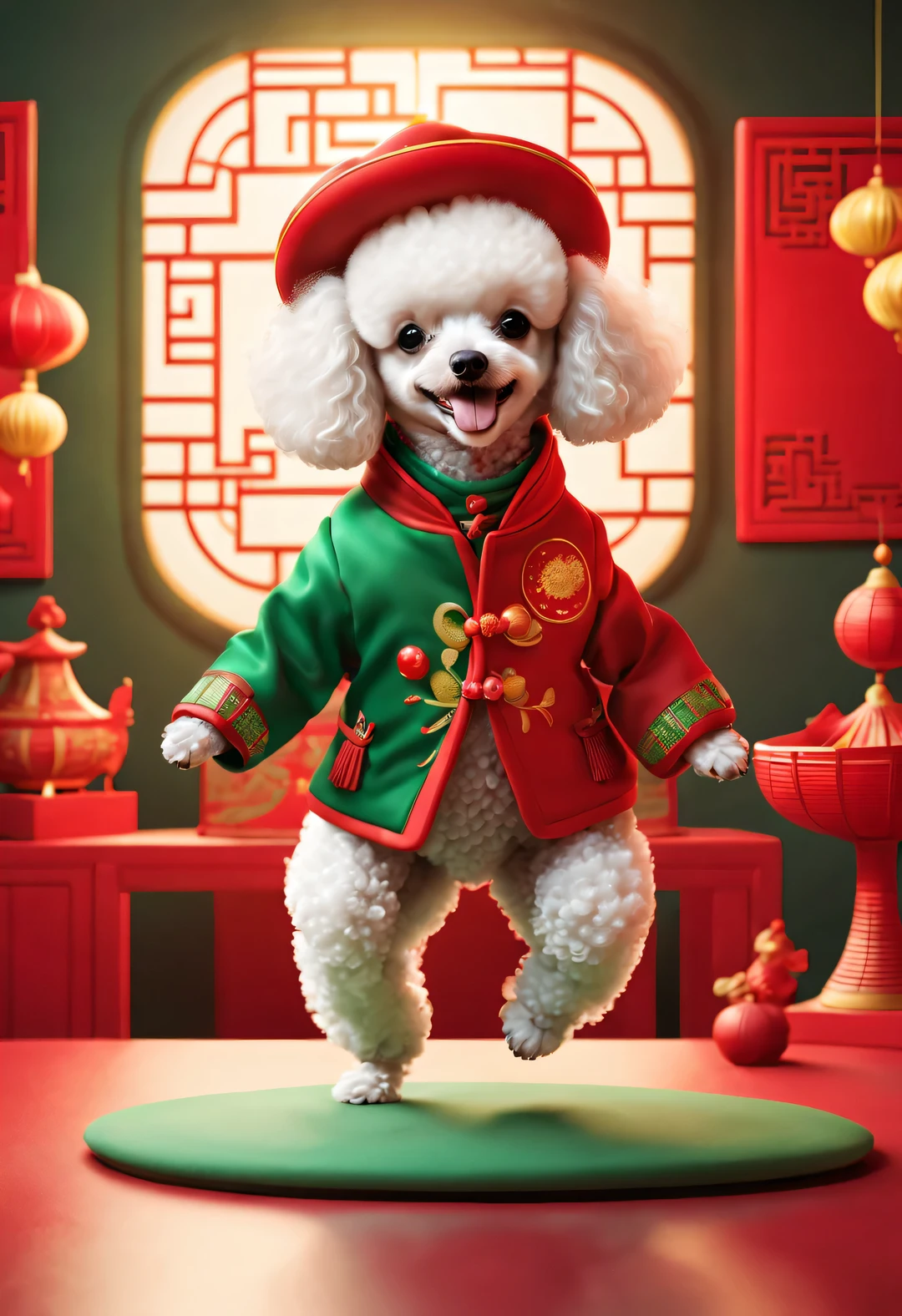Poodle from space dances in Chinese red and green coat，,Concept Design, character table