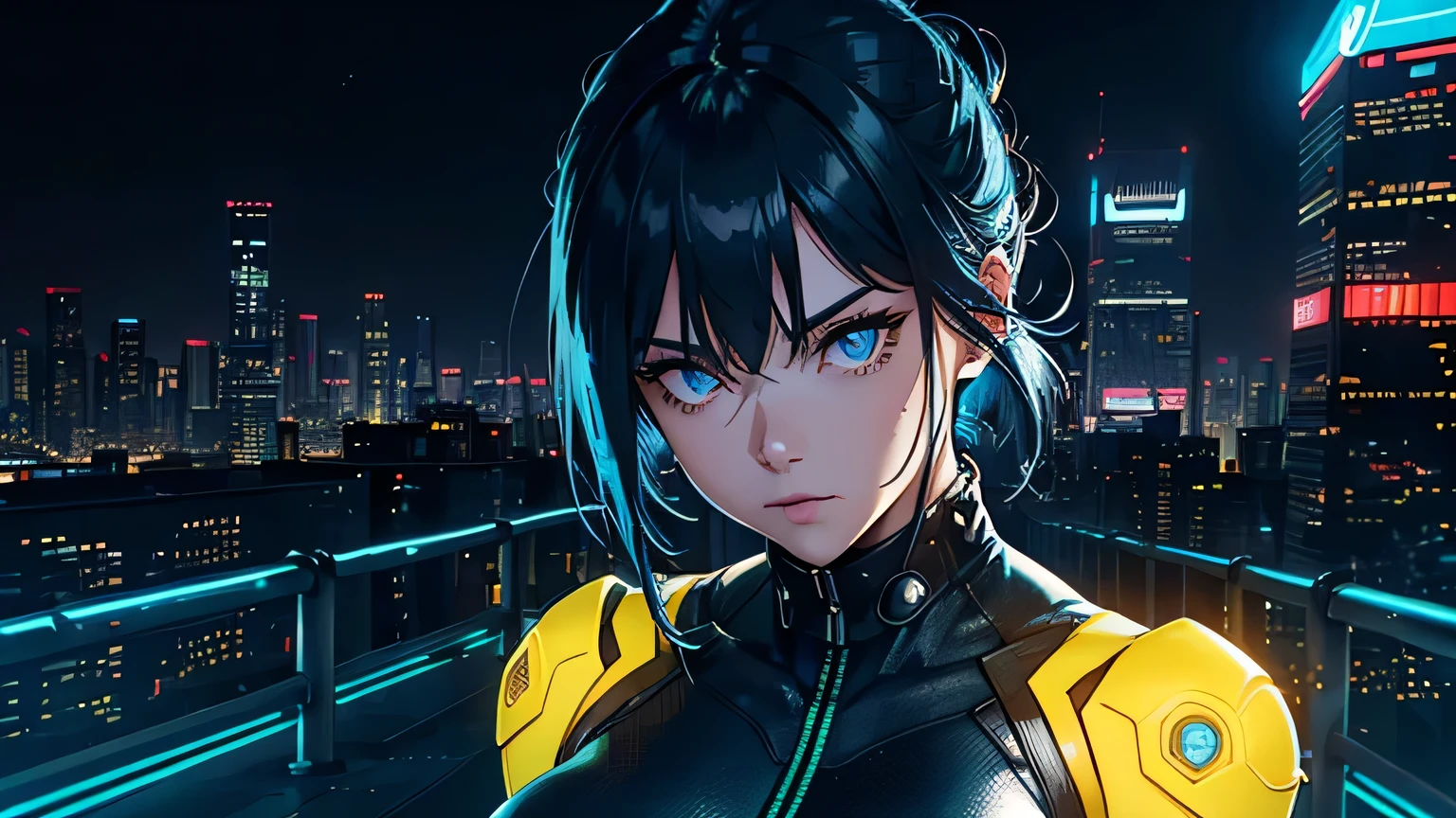 Editorial Style photo, High angle, 1woman, fit-muscled body, medium breast, bright yellow eyes,dark blue hair , blue eyes, With round lenses, The audience watched carefully, (s face: 1.2), Perfect female figure, ((standing)), ((yellow Tight crop top yellow leather suit), face close up, ((Bonifasko lighting)), (The round lenses on his eyes)(詳細な目), Perfect student, face close up, Cyberpunk, Rooftop, Glowing neon signs, Metallic, concrete, and holographic, Urban decay details, Neon, electric blue, Neon Nights Co., Artificial neon glow, Megacity rooftop, Nighttime, Futuristic and vibrant, Futuristic skyscrapers and aerial walkways —ar 16:9 —s 500
