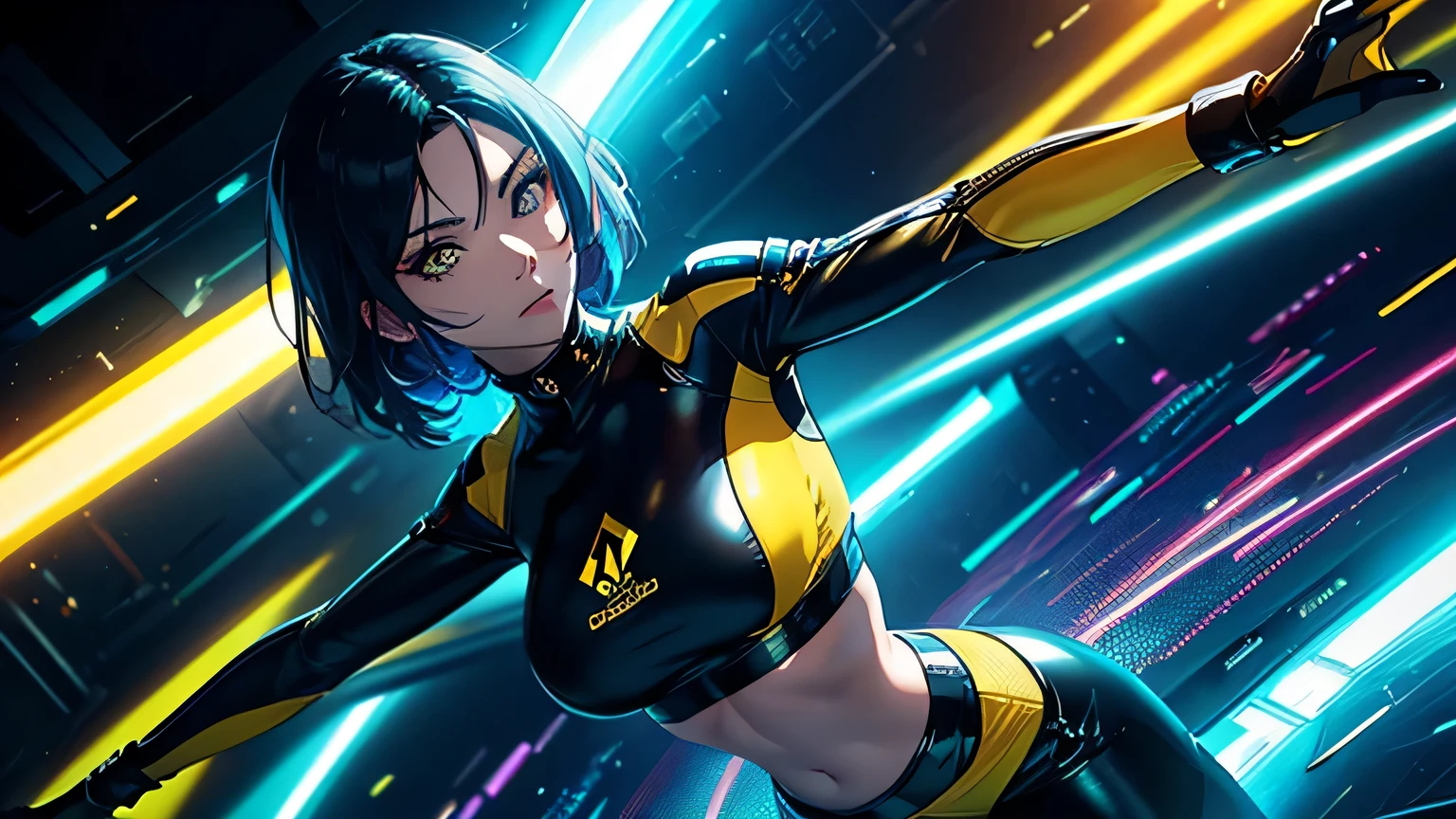Editorial Style photo, Low angle, 1woman, fit-muscled body, medium breast, bright yellow eyes,dark blue hair , blue eyes, With round lenses, The audience watched carefully, (s face: 1.2), Perfect female figure, ((standing)), ((yellow Tight crop top yellow leather suit), face close up, ((Bonifasko lighting)), (The round lenses on his eyes)(詳細な目), Perfect student, face close up, Futurism, Nightclub, Holographic dance floor, Shimmering, pulsating, and sleek, Futuristic partygoers and tech, Vibrant neon with deep blacks, CyberGroove, Dynamic club lighting, Urban nightlife, Nighttime, Energetic and immersive, Modern sleek nightclub design,