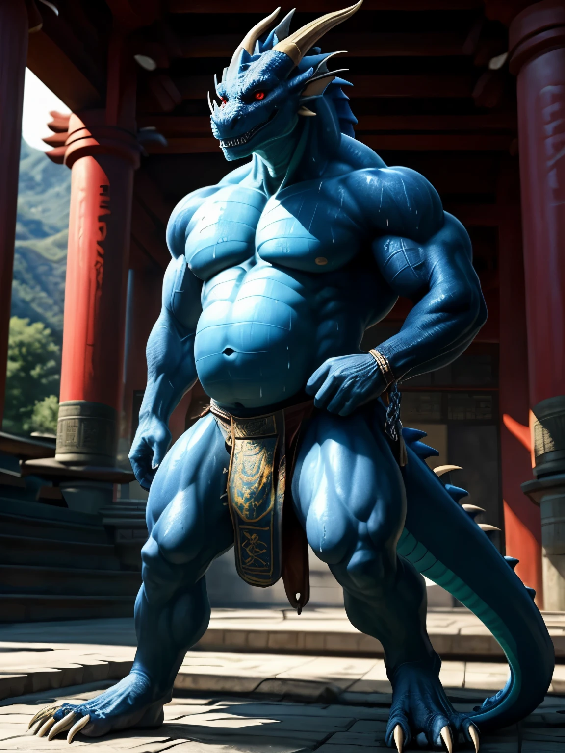 drops of sweat, photography, (cool pose:1.1025), smooth skin, Hyperrealistic shadows, Humanity, Dark blue, Oriental Dragon, lifelike, nude, suggestive, (Rembrandt:1.1025), huge pecs, on the hill,biceps, (loincloth:1.05), Thick waist, Big,Fat Belly National Foundation, In the Taoist temple,thick tail,(Chained:1.30),red eyes,Black sclera,Have abdominal muscles
