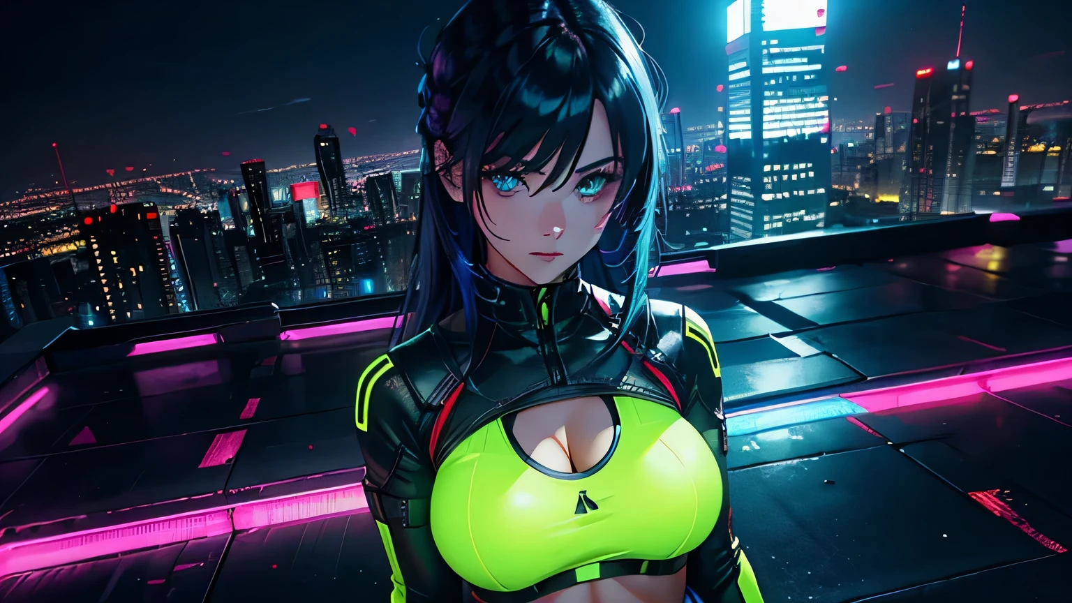 Editorial Style photo, High angle, 1woman, fit-muscled body, medium breast, bright yellow eyes,dark blue hair , blue eyes, With round lenses, The audience watched carefully, (s face: 1.2), Perfect female figure, ((standing)), ((yellow Tight crop top yellow leather suit), face close up, ((Bonifasko lighting)), (The round lenses on his eyes)(詳細な目), Perfect student, face close up, Cyberpunk, Rooftop, Glowing neon signs, Metallic, concrete, and holographic, Urban decay details, Neon, electric blue, Neon Nights Co., Artificial neon glow, Megacity rooftop, Nighttime, Futuristic and vibrant, Futuristic skyscrapers and aerial walkways —ar 16:9 —s 500