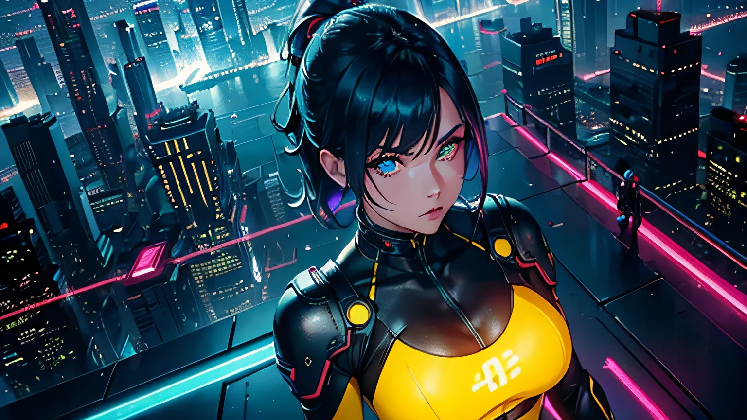 Editorial Style photo, High angle, 1woman, fit-muscled body, medium breast, bright yellow eyes,dark blue hair , blue eyes, With round lenses, The audience watched carefully, (s face: 1.2), Perfect female figure, ((standing)), ((yellow Tight crop top yellow leather suit), face close up, ((Bonifasko lighting)), (The round lenses on his eyes)(詳細な目), Perfect student, face close up, Cyberpunk, Rooftop, Glowing neon signs, Metallic, concrete, and holographic, Urban decay details, Neon, electric blue, Neon Nights Co., Artificial neon glow, Megacity rooftop, Nighttime, Futuristic and vibrant, Futuristic skyscrapers and aerial walkways —ar 16:9 —s 500