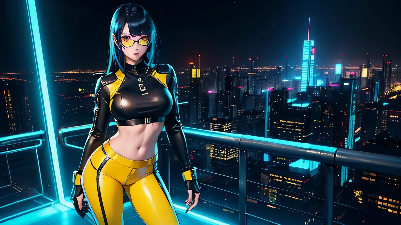 Editorial Style photo, High angle, 1woman, fit-muscled body, medium breast, bright yellow eyes,dark blue hair , blue eyes, With round lenses, The audience watched carefully, (s face: 1.2), Perfect female figure, ((standing)), ((yellow Tight crop top yellow leather suit), face close up, ((Bonifasko lighting)), (The round lenses on his eyes)(詳細な目), Perfect student, face close up, Cyberpunk, Rooftop, Glowing neon signs, Metallic, concrete, and holographic, Urban decay details, Neon, electric blue, Neon Nights Co., Artificial neon glow, Megacity rooftop, Nighttime, Futuristic and vibrant, Futuristic skyscrapers and aerial walkways —ar 16:9 —s 500