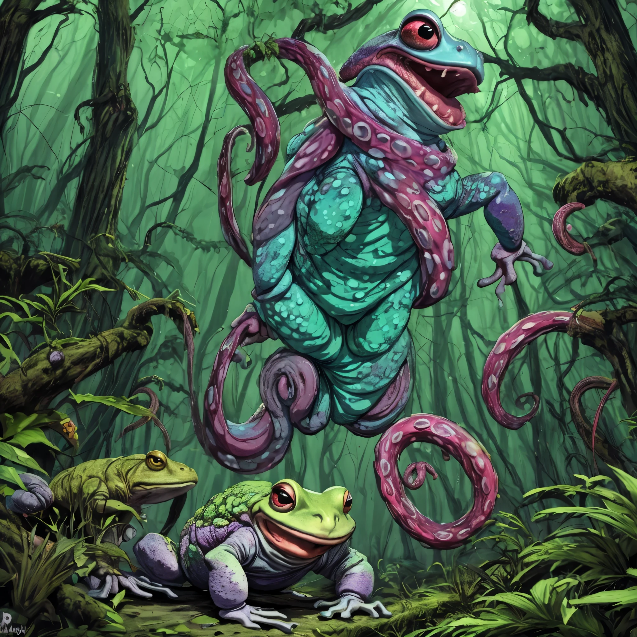 (A creepy toad, enormous, brightly colored, tentacle tongue) stalks through an ancient forest