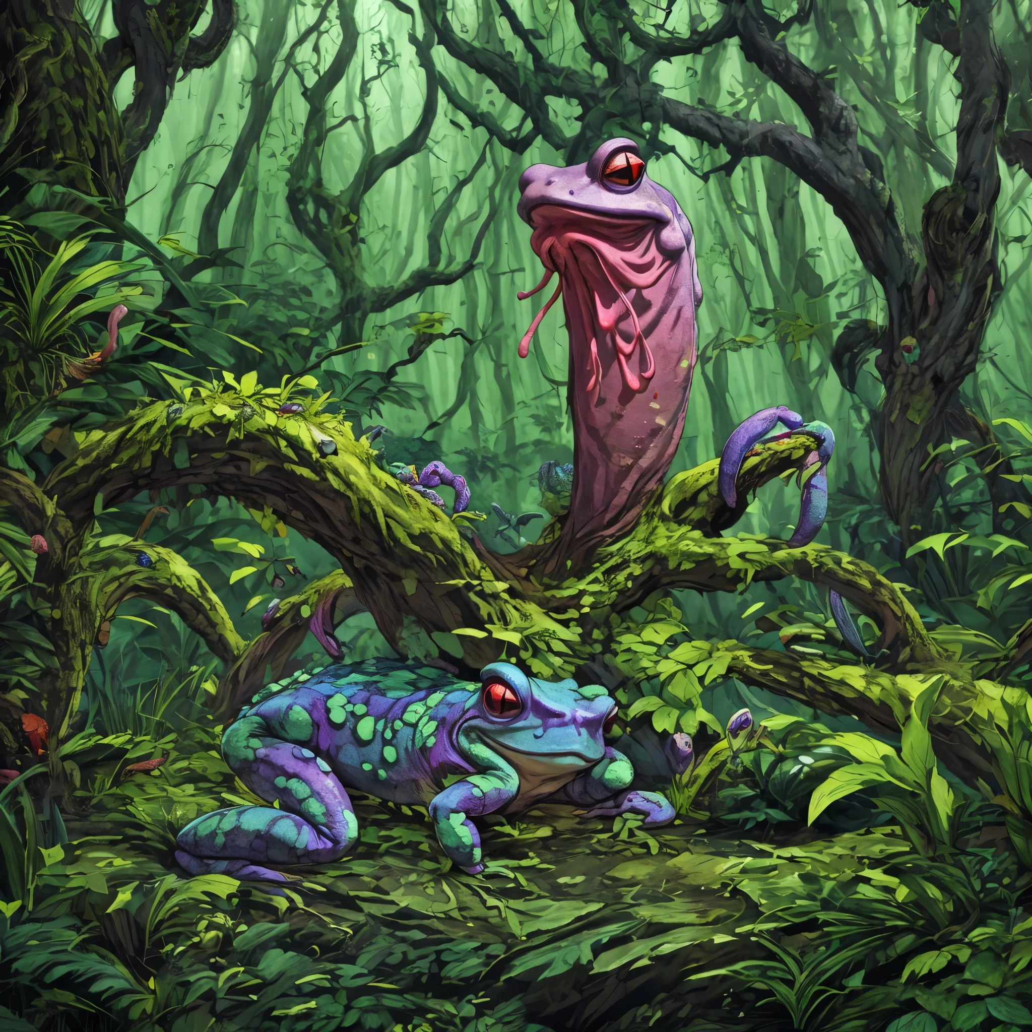 (A creepy toad, enormous, brightly colored, tentacle tongue) stalks through an ancient forest