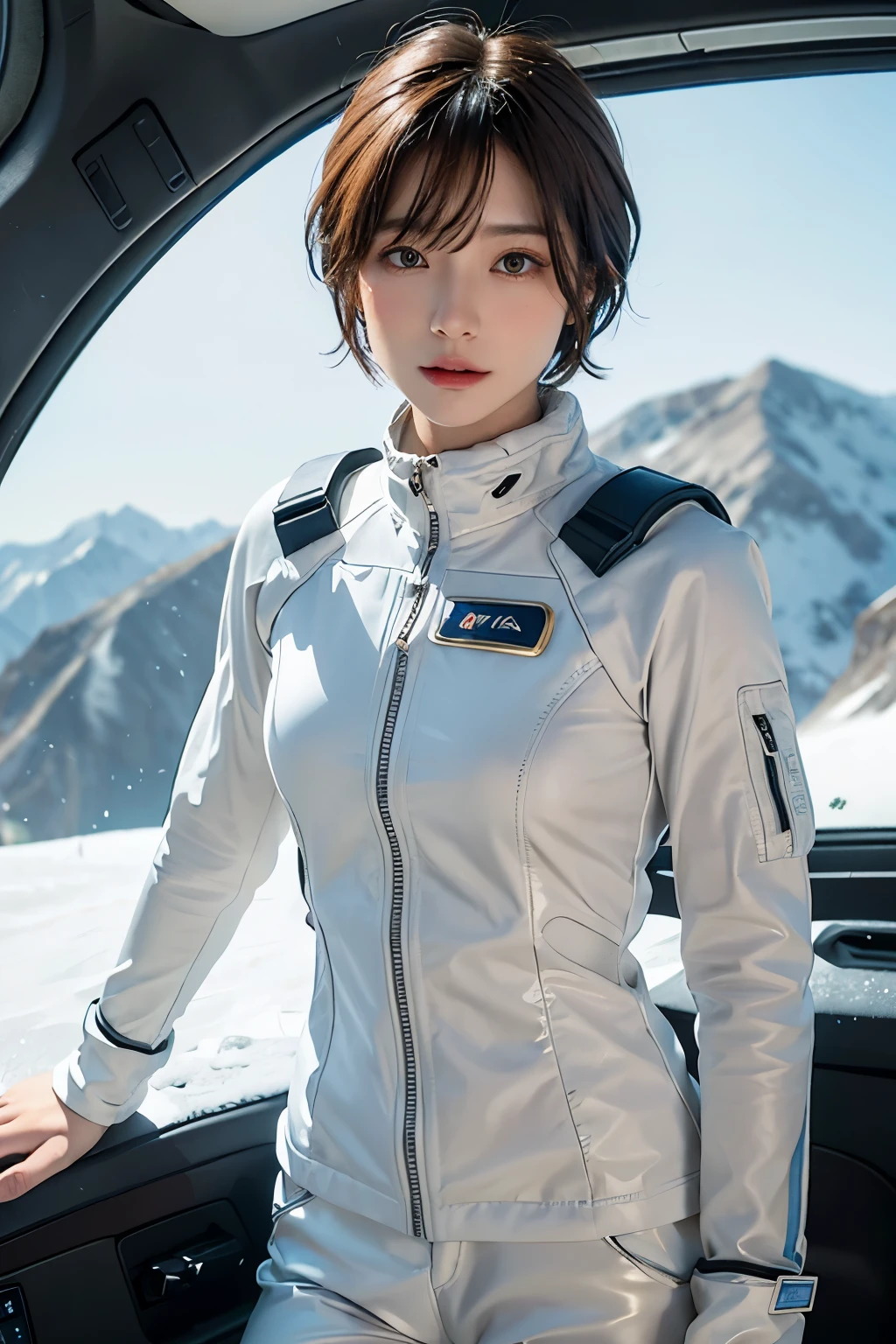 highest quality、masterpiece、ultra high resolution、(real:1.4)、Beautiful woman１、Beautiful details of eyes and skin、light brown short cut hair、The perfect spacesuit、spaceship、snow原、snow、