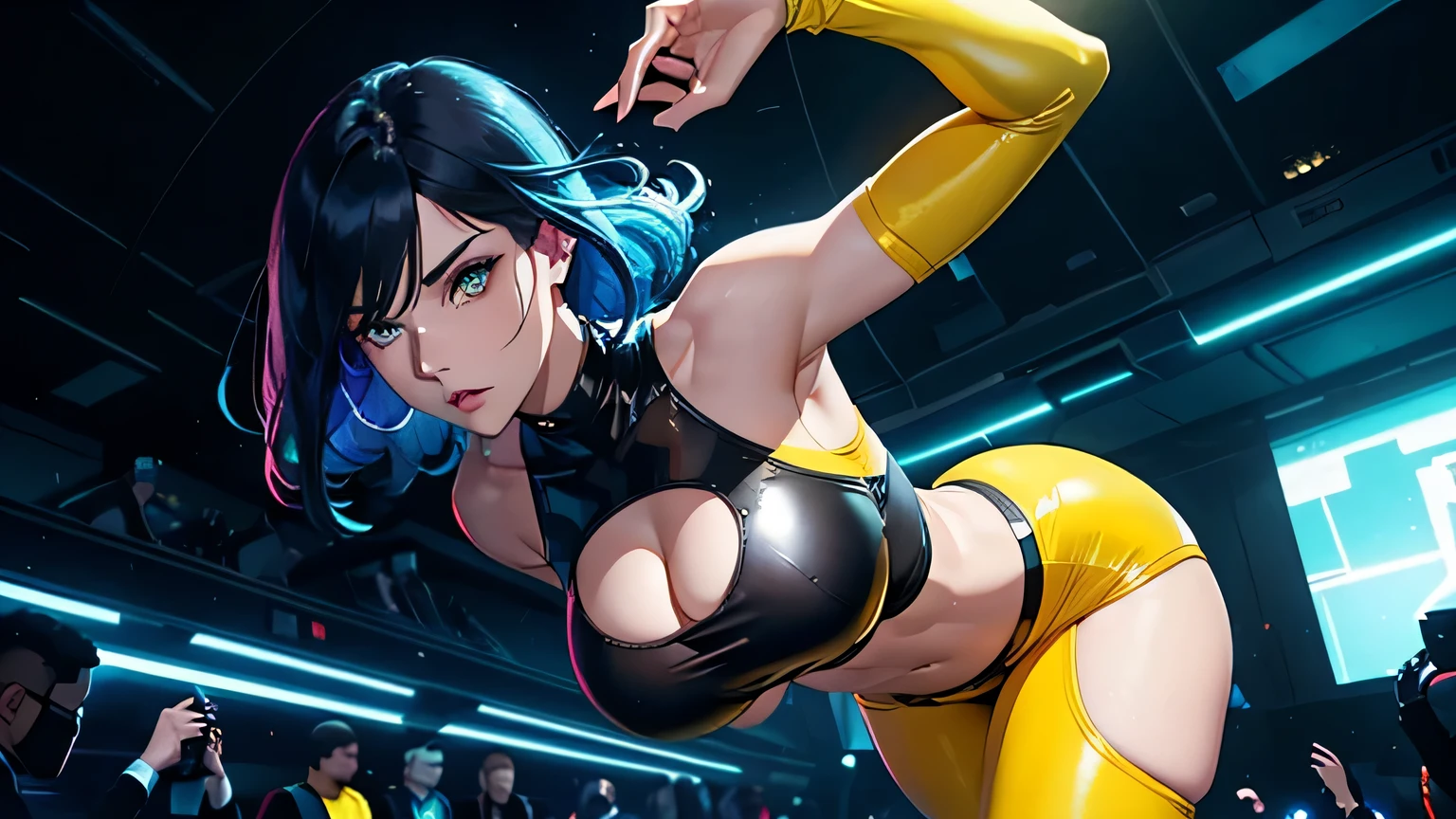Editorial Style photo, Low angle, 1woman, fit-muscled body, medium breast, bright yellow eyes,dark blue hair , blue eyes, With round lenses, The audience watched carefully, (s face: 1.2), Perfect female figure, ((standing)), ((yellow Tight crop top yellow leather suit), face close up, ((Bonifasko lighting)), (The round lenses on his eyes)(詳細な目), Perfect student, face close up, Futurism, Nightclub, Holographic dance floor, Shimmering, pulsating, and sleek, Futuristic partygoers and tech, Vibrant neon with deep blacks, CyberGroove, Dynamic club lighting, Urban nightlife, Nighttime, Energetic and immersive, Modern sleek nightclub design,